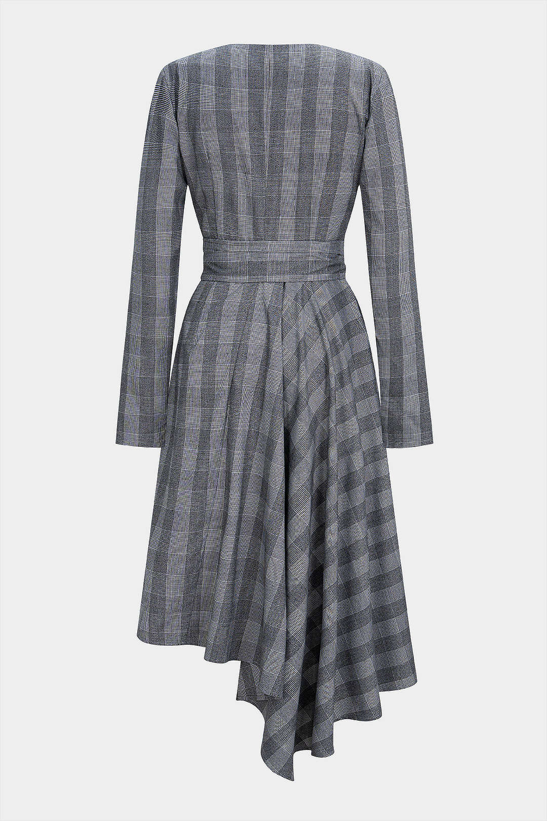 Plaid Print V-Neck Knot Ruched Asymmetrical Hem Long-Sleeve Midi Dress - Weenar