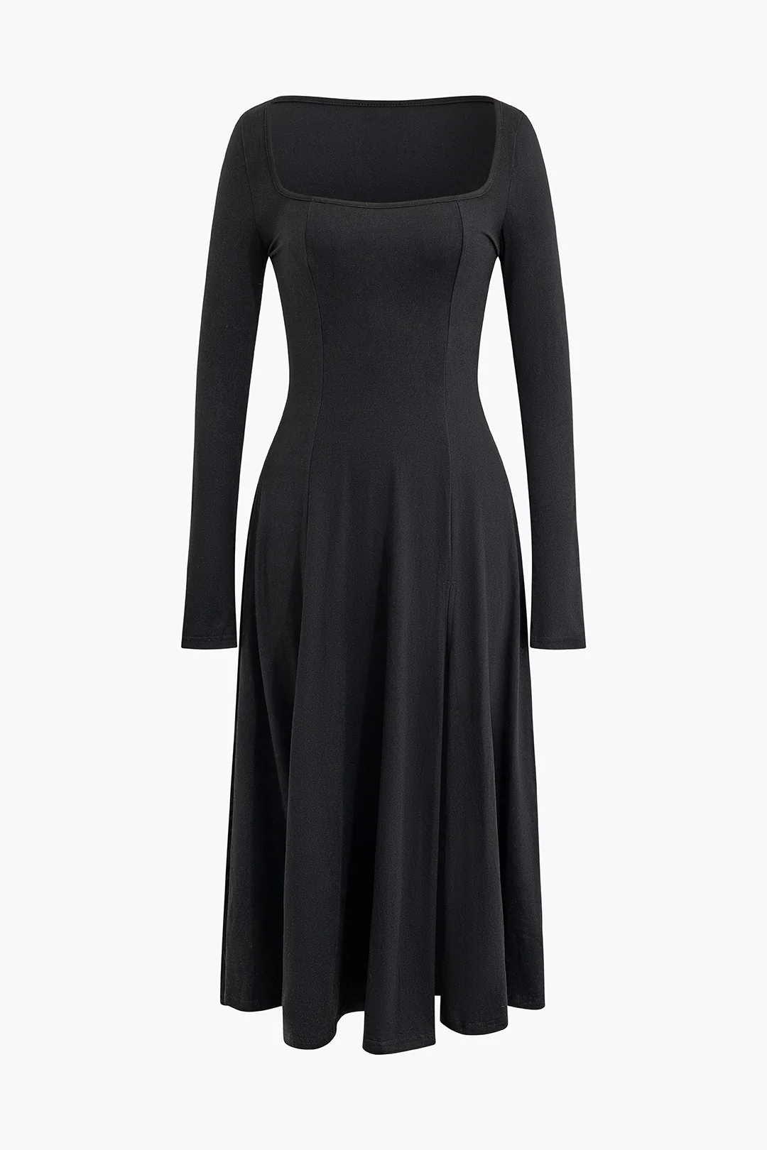 Solid U Neck Long Sleeve Midi Dress - Weenar