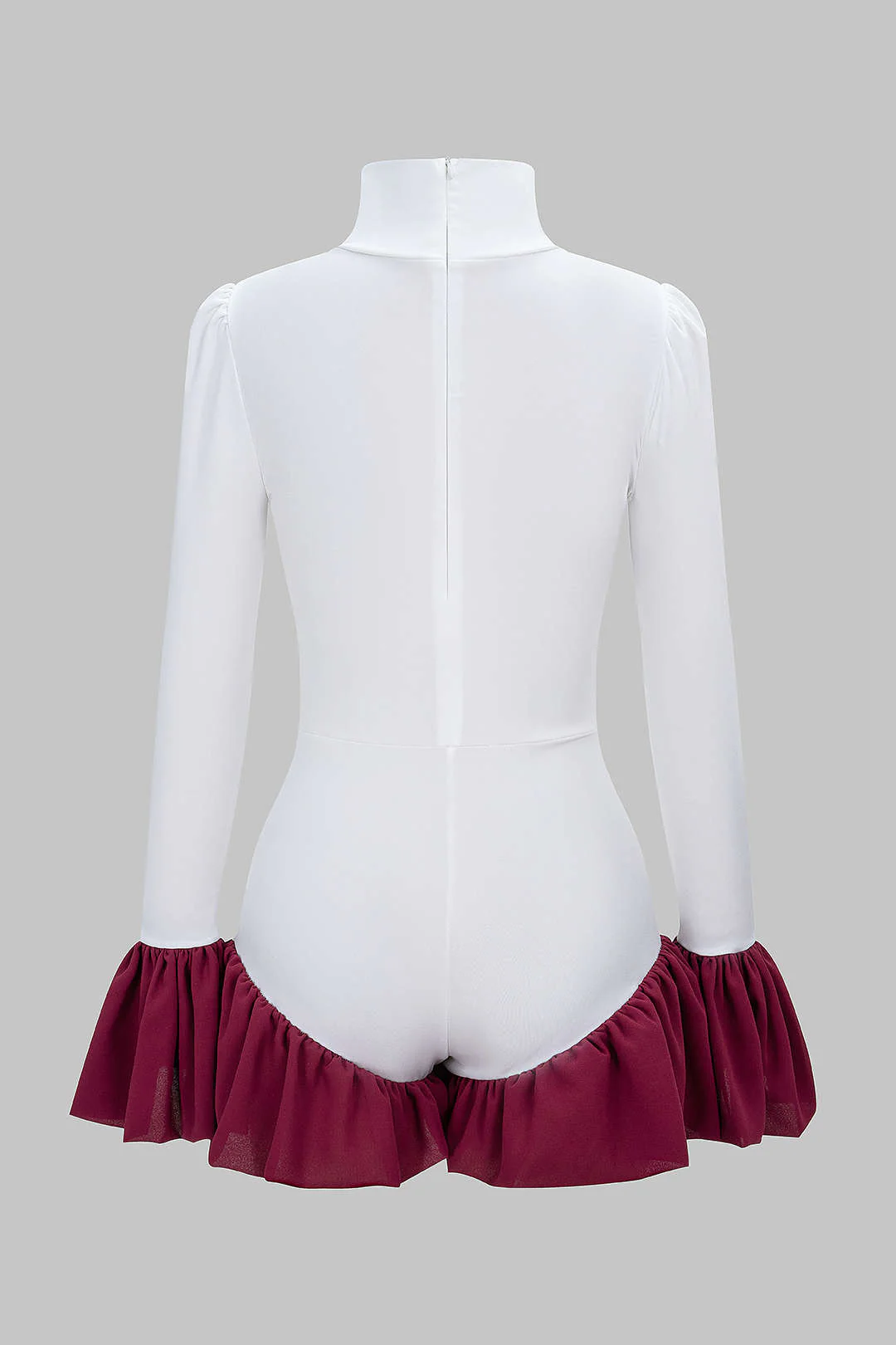 Contrast Mock Neck Ruched Bell Long Sleeve Bodysuit - Weenar