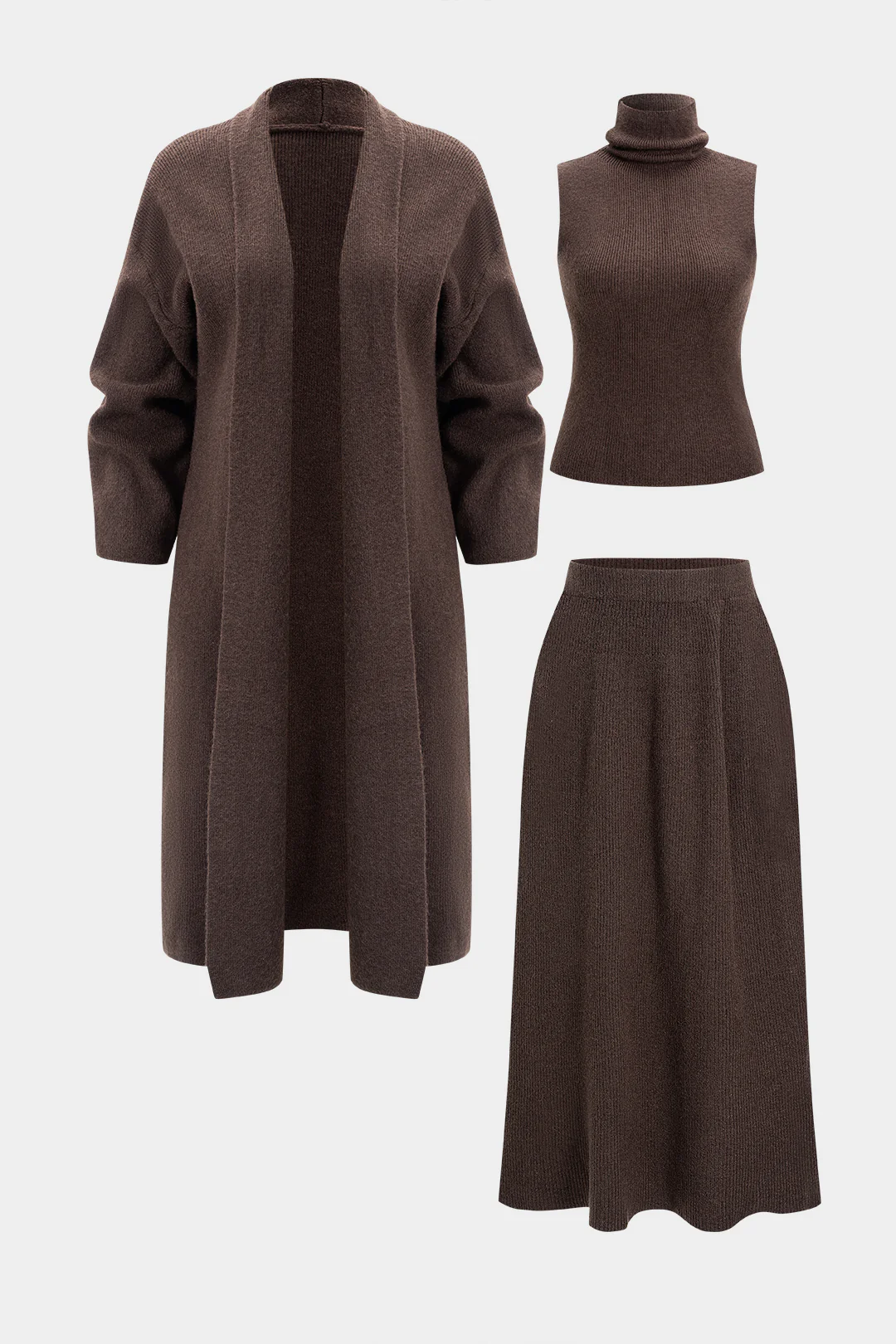 Knit Ruched Long Cardigan And Mock Neck Tank Top And Skirt Set - Weenar