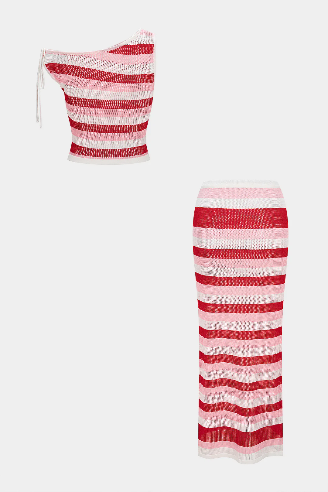 Contrast Stripes One Shoulder Tie-Up Cami Top And Skirt Set - Weenar