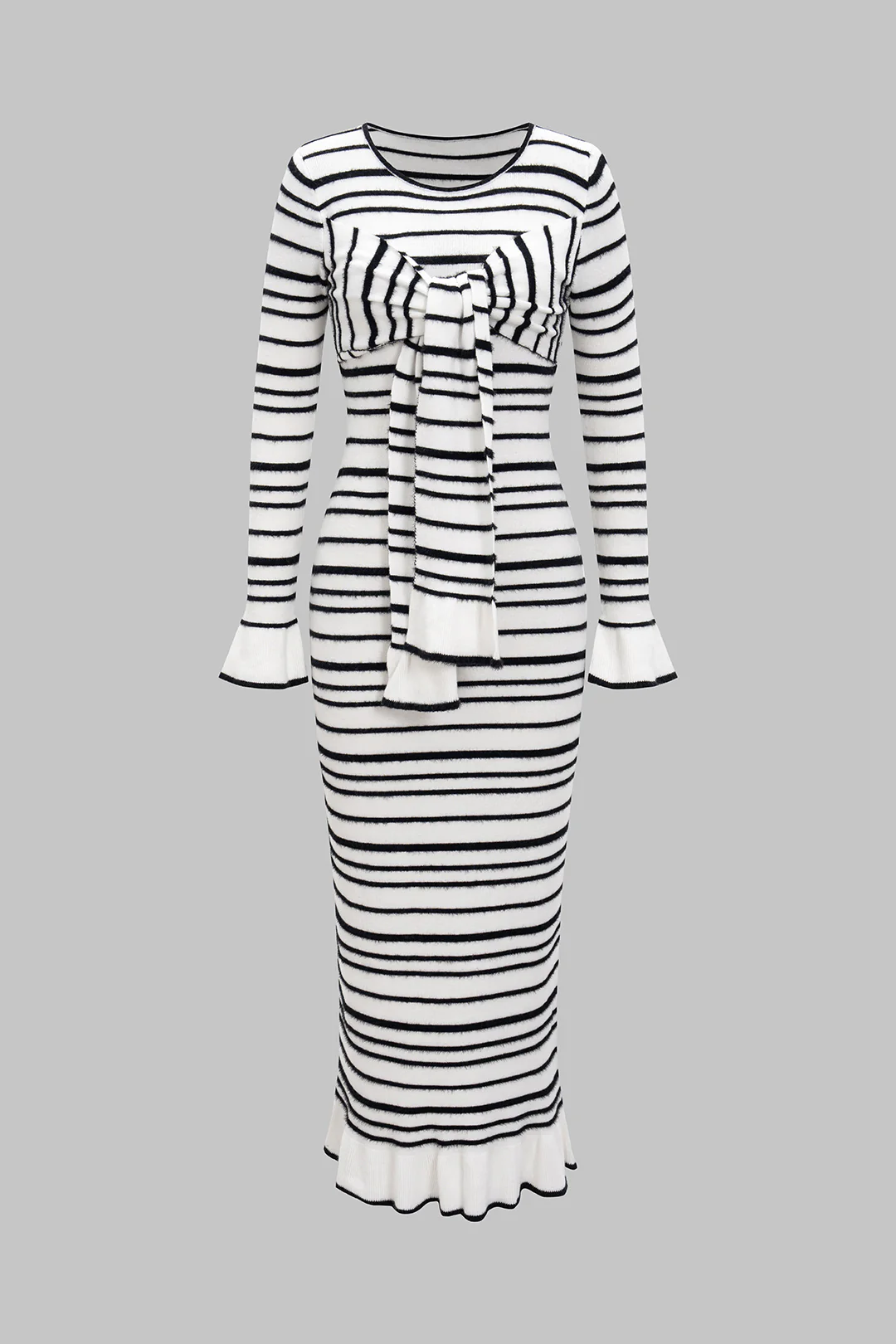 Knit Contrast Strappy Bell Long Sleeve Dress - Weenar