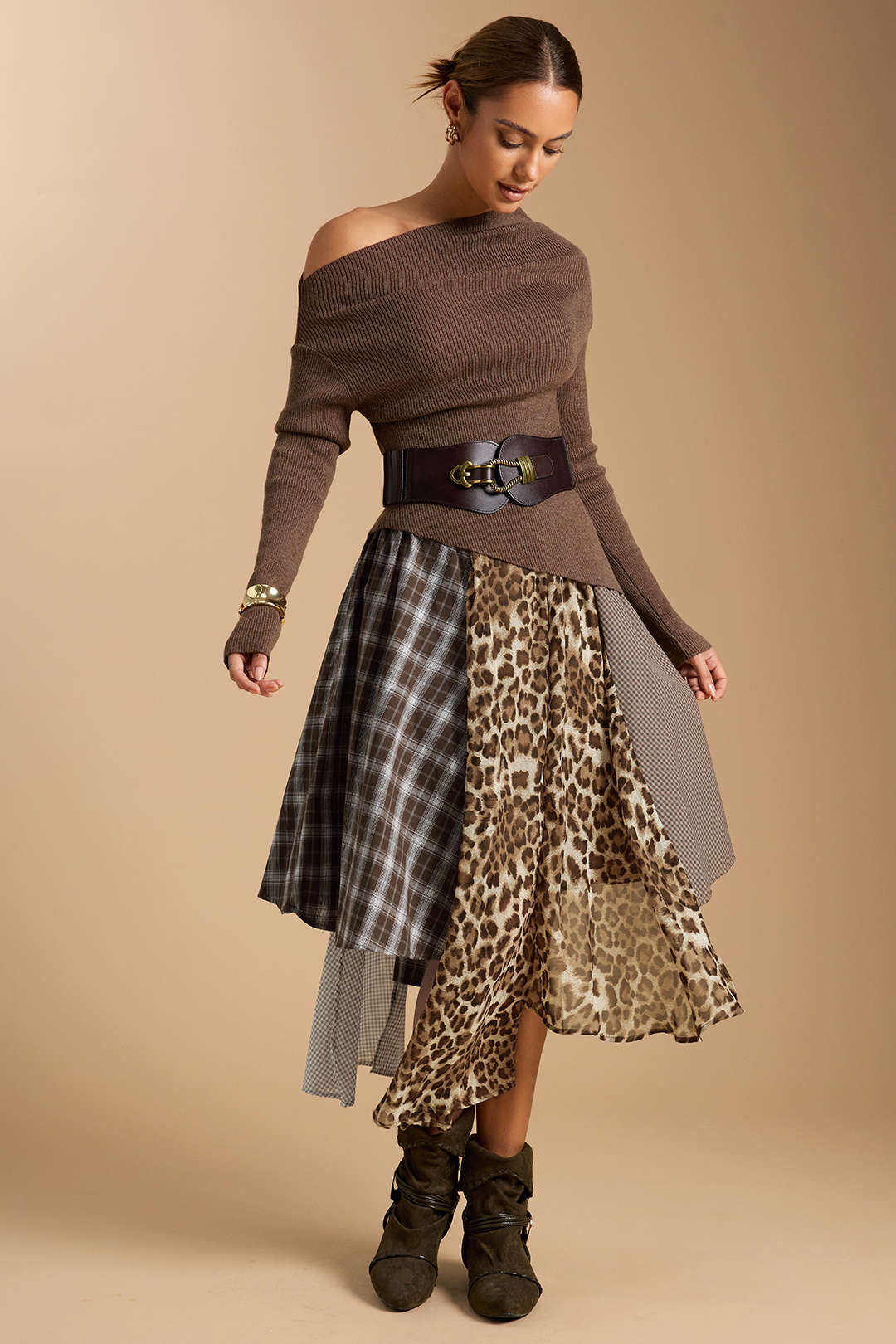 Plaid Leopard Print Patchwork Irregular Skirt - Weenar