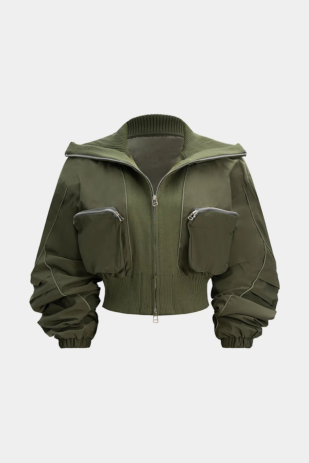 Patchwork Zipper Pocket Ribbed Ruched Jacket - Weenar