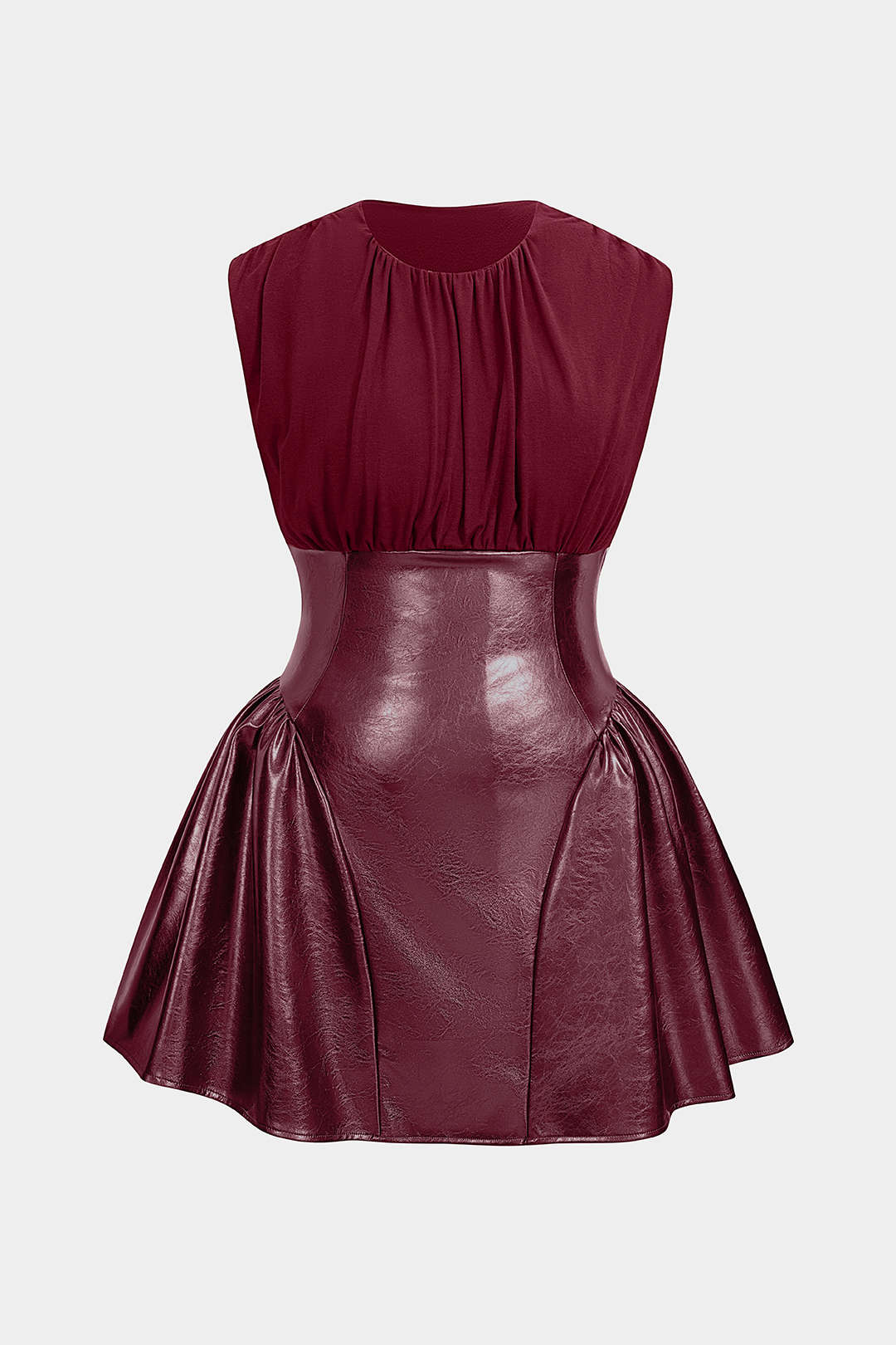 Plus Size Faux Leather Patchwork Ruched Sleeveless Mini Dress - Weenar