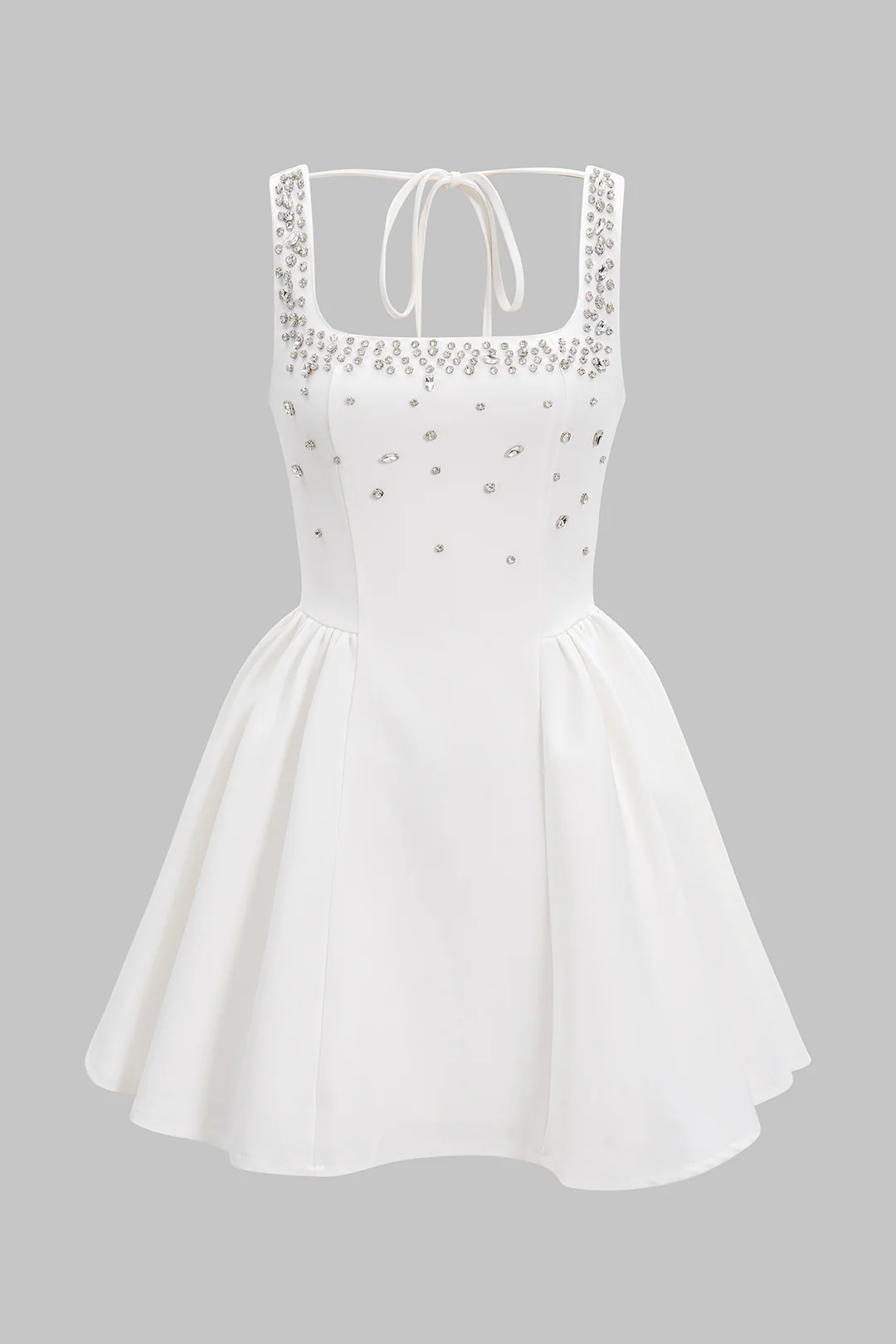 Square Neck Rhinestone Ruched Sleeveless Mini Dress - Weenar
