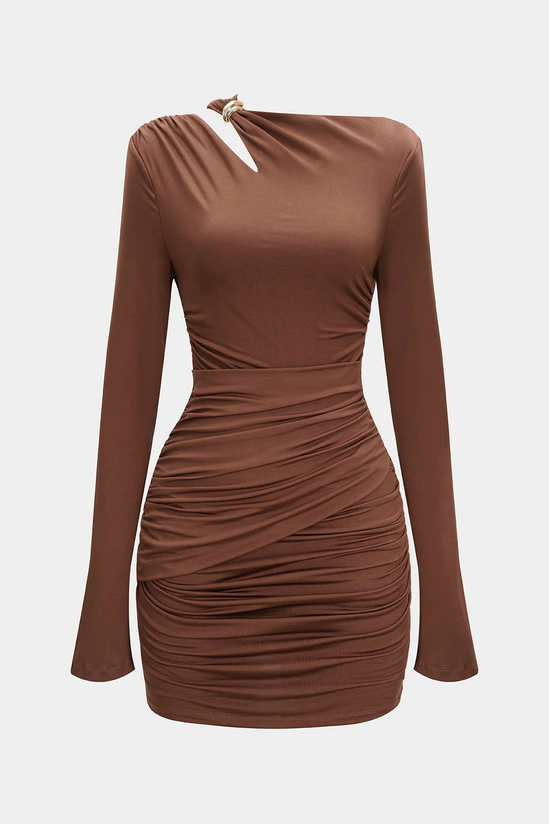 Asymmetrical Neck Ruched Long Sleeve Mini Dress - Weenar