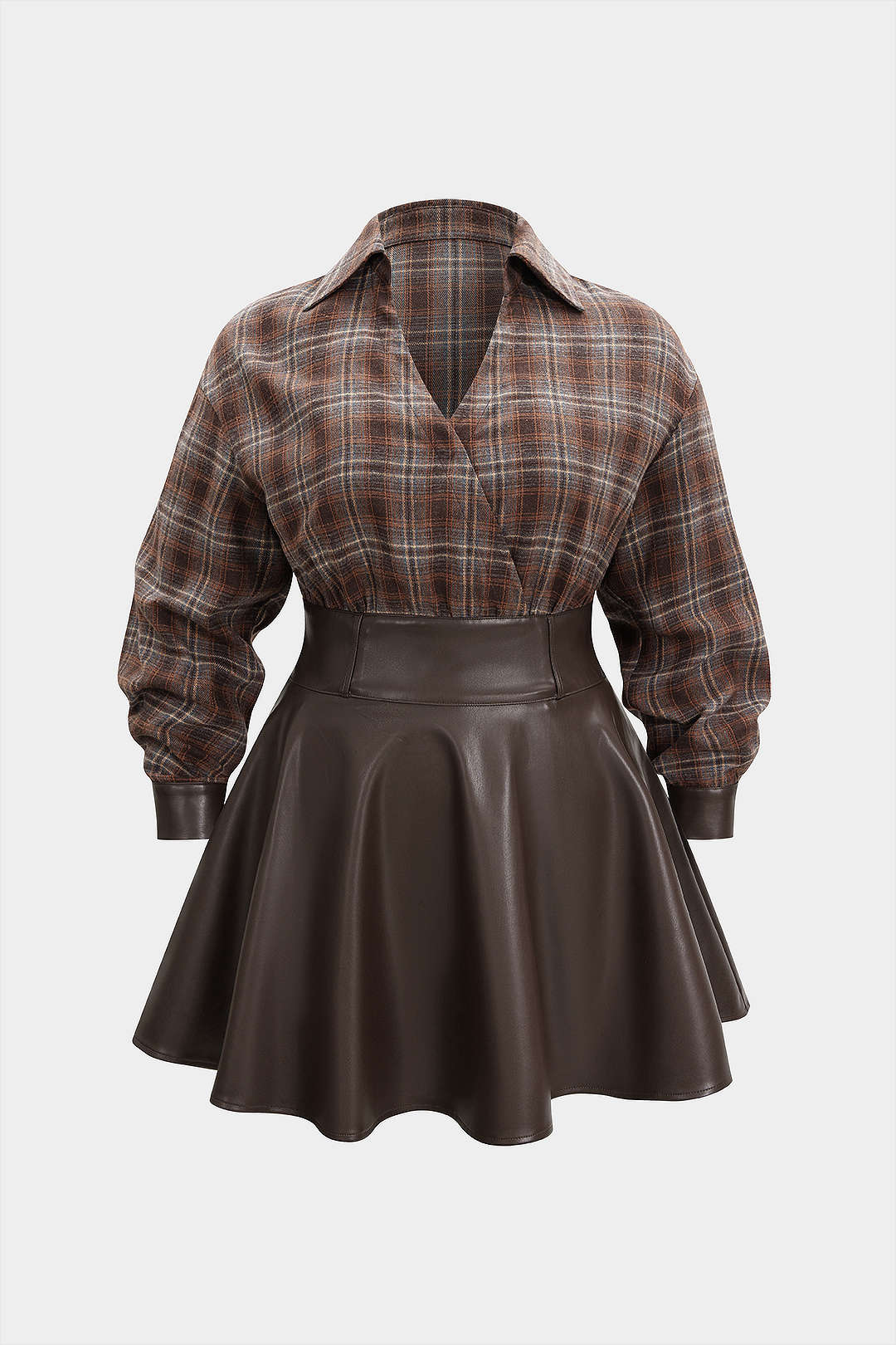 Plus Size Plaid Print Faux Leather Patchwork V-Neck Long Sleeve Mini Dress - Weenar