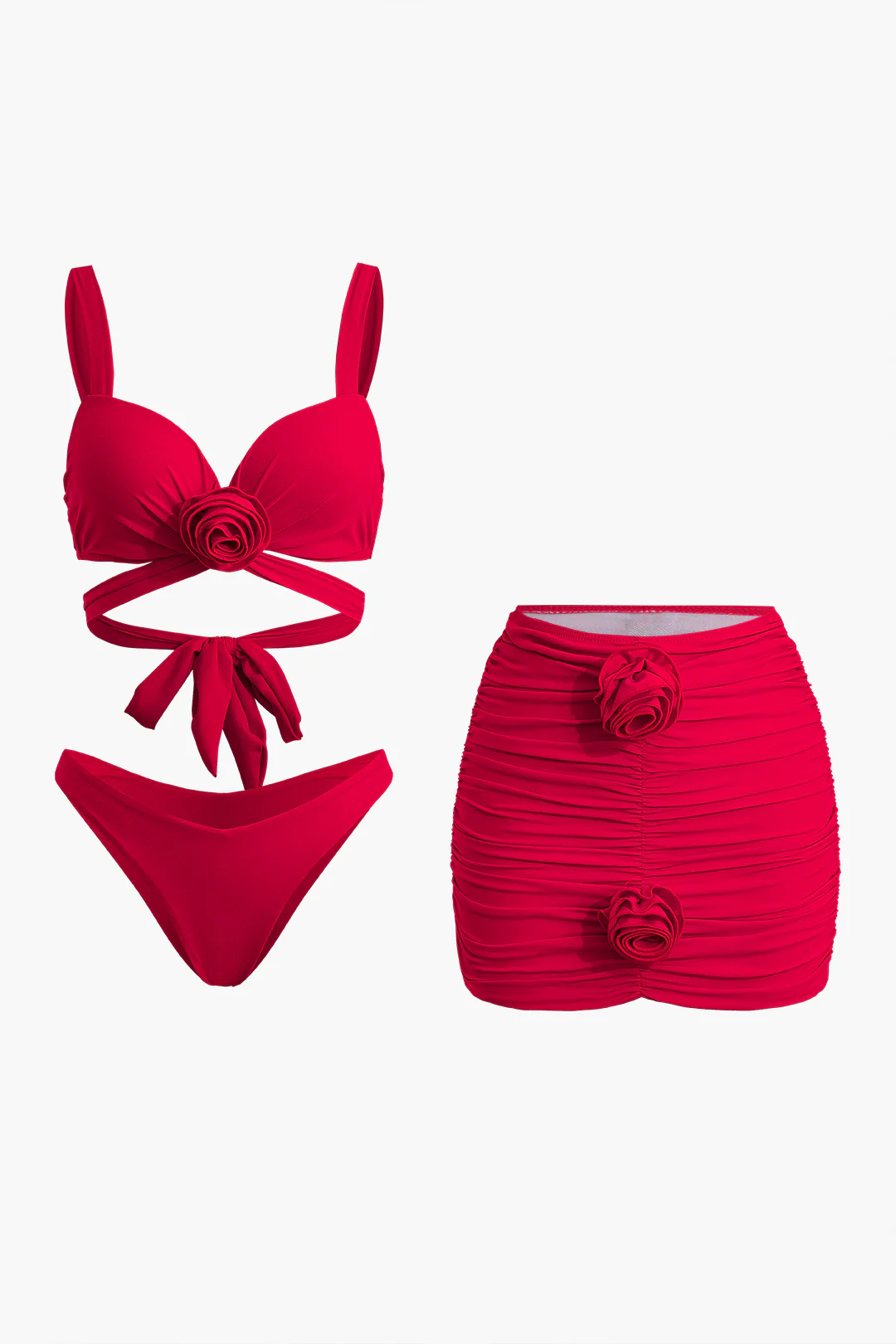 3D Flower Decor Tie Up Ruched Bikini Set - Weenar