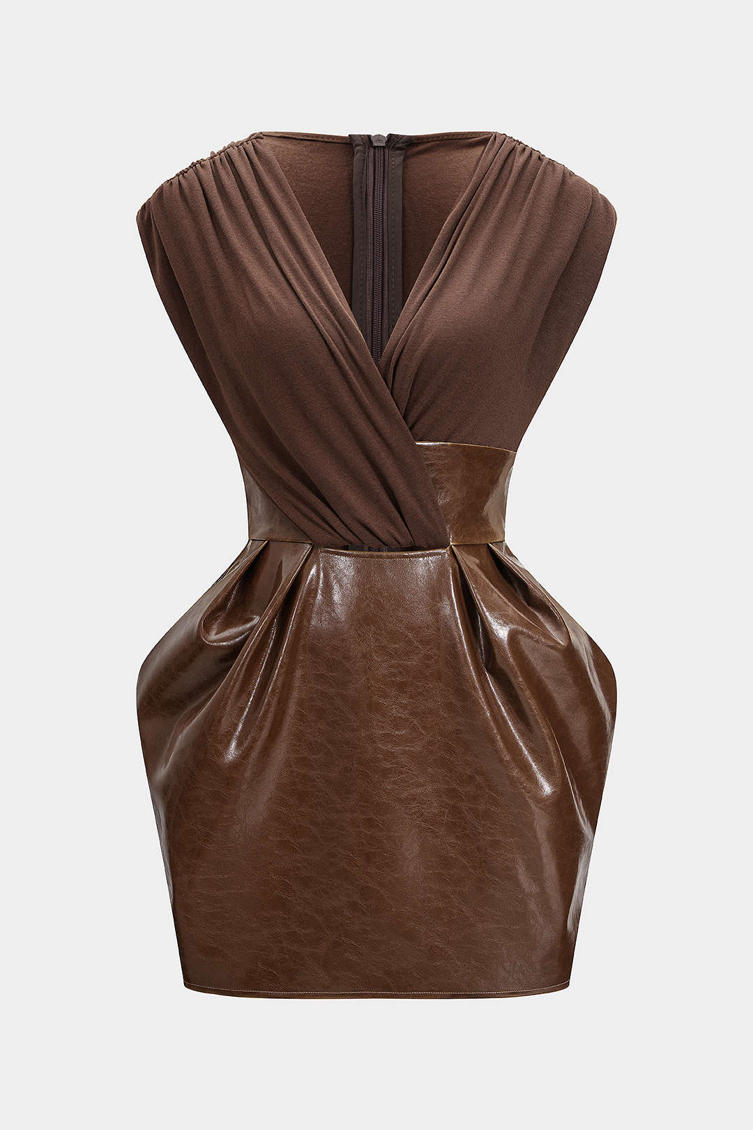 Faux Leather Patchwork V-Neck Ruched Sleeveless Mini Dress - Weenar