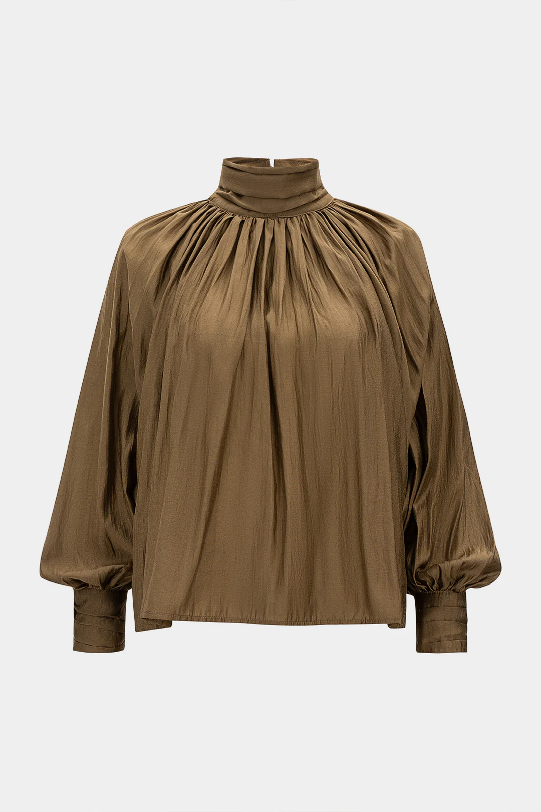 Mock Neck Ruched Button Long-Sleeve Shirt - Weenar