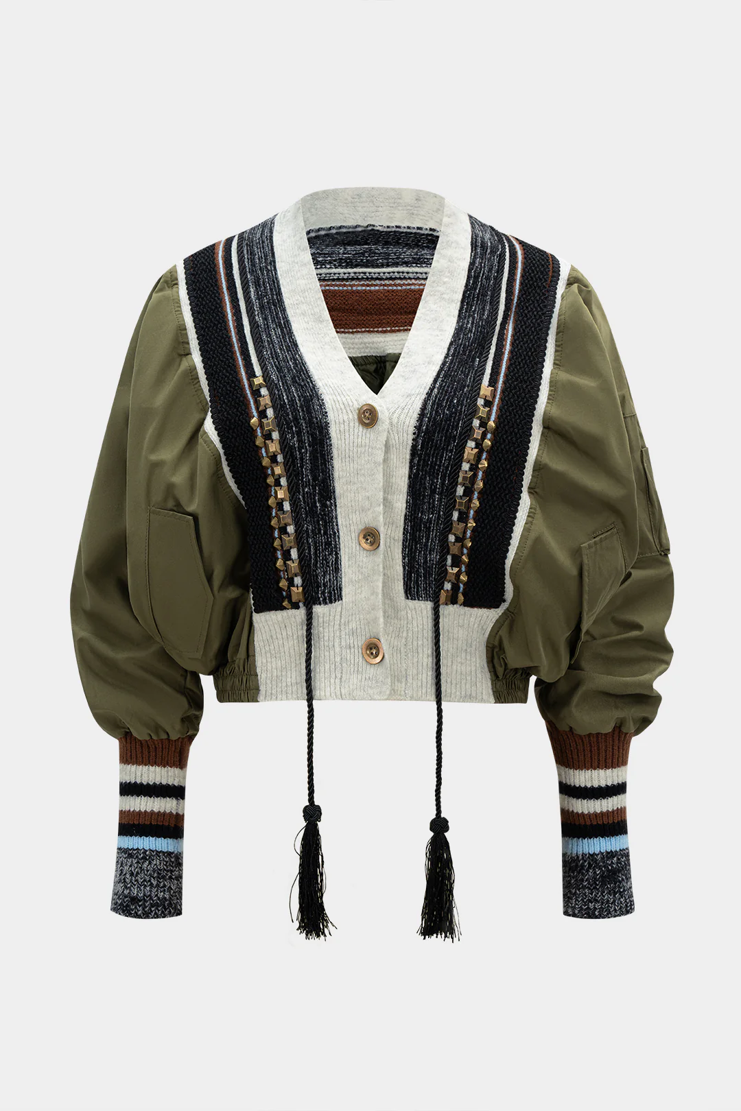 Knit Patchwork V-Neck Studded Fringe Decor Puffer - Weenar