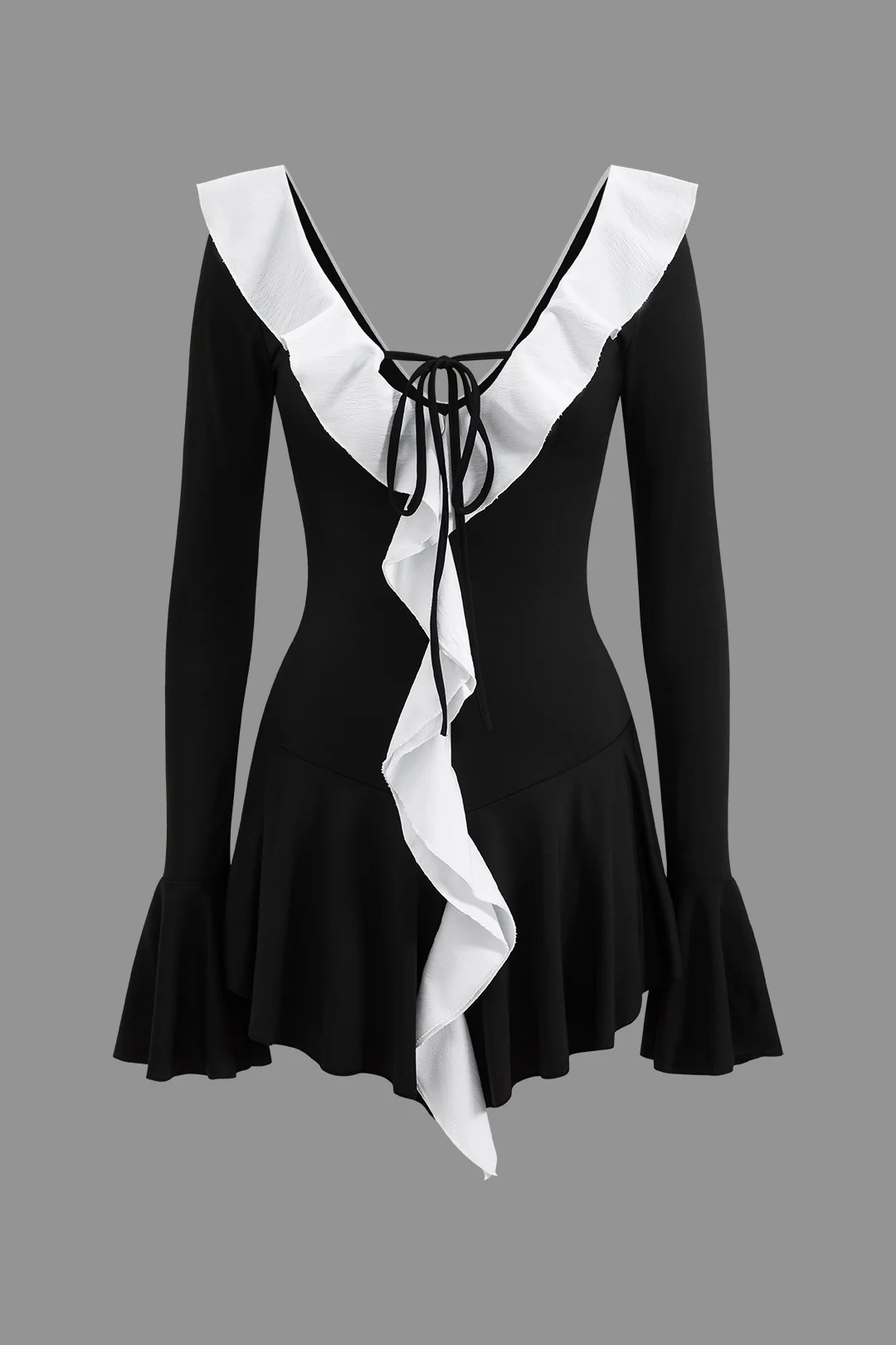 Contrast Ruffle Neck Tie Front Bell Sleeve Mini Dress - Weenar