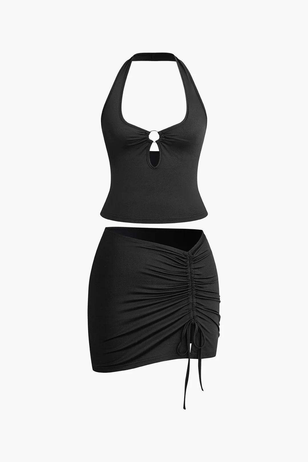 Halter Neck Metallic Decor Backless Cami Top And Drawstring Mini Skirt Set - Weenar