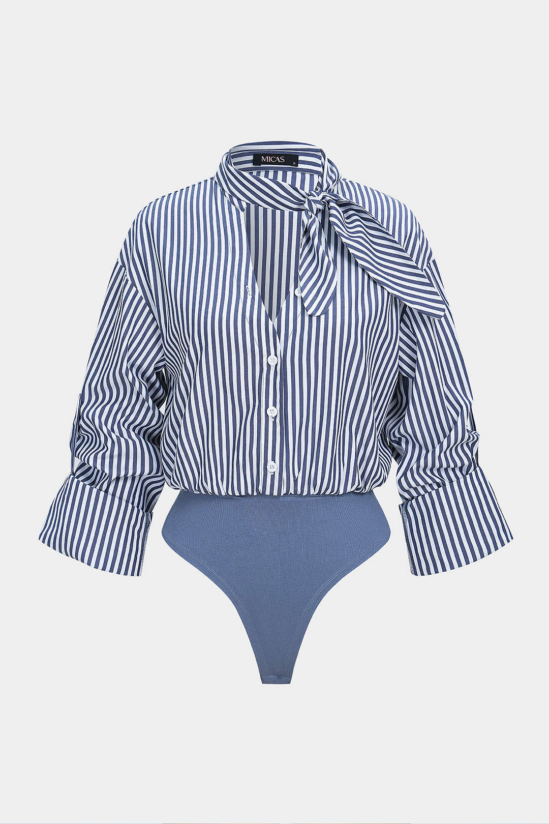 Stripes Print Button Patchwork Knotted Long Sleeve Bodysuit - Weenar