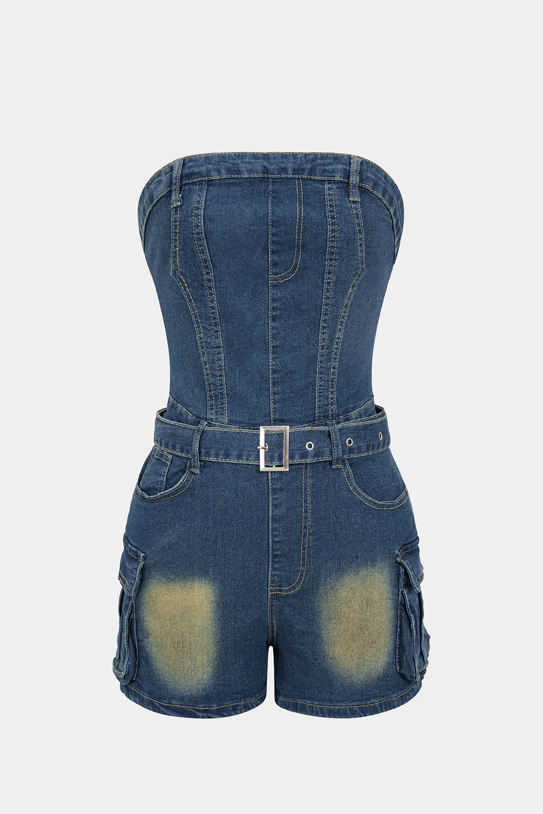 Denim Belted Backless Sleeveless Romper - Weenar