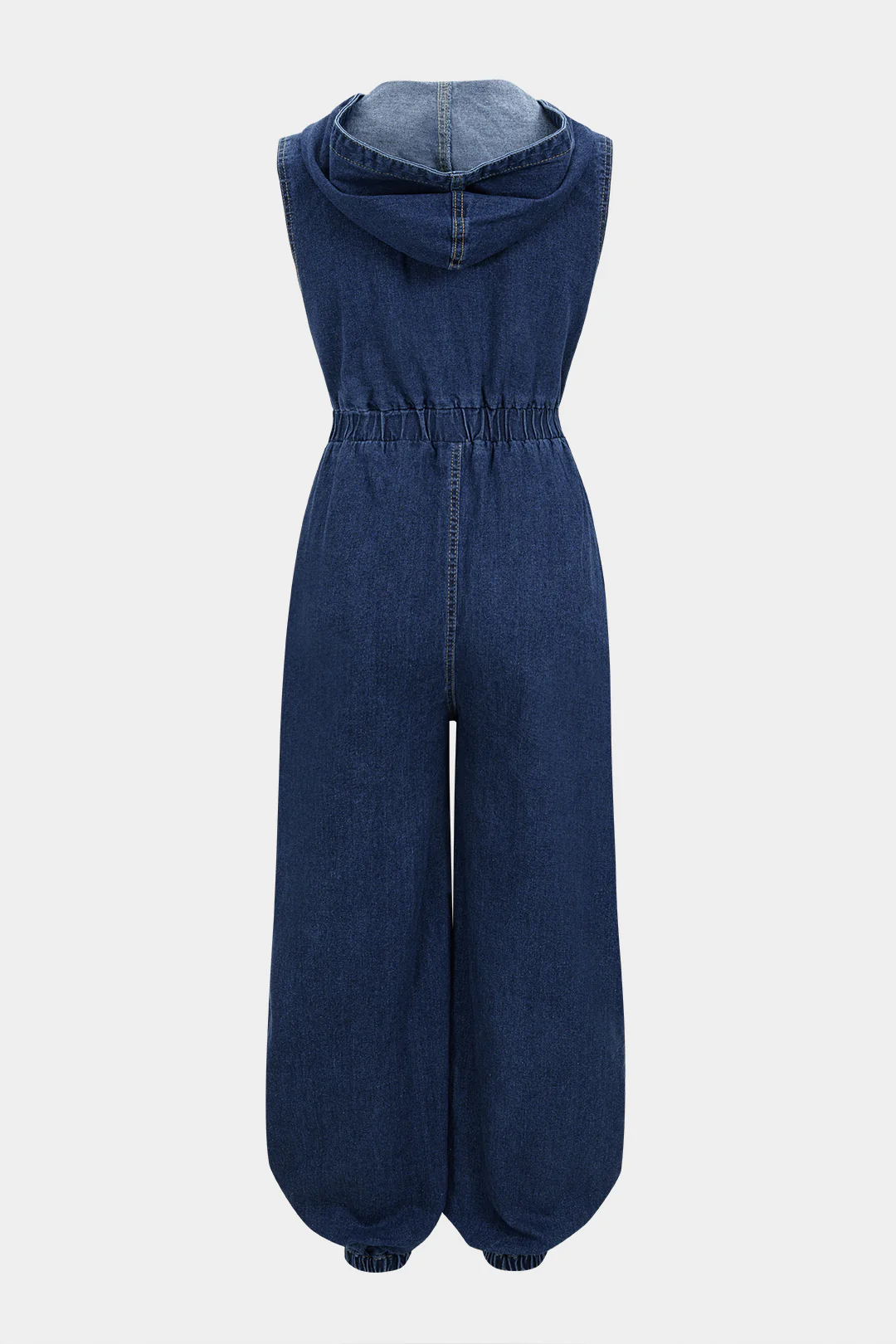 Denim Hooded Shirred Zipper Pocket Sleeveless Jumpsuit - Weenar
