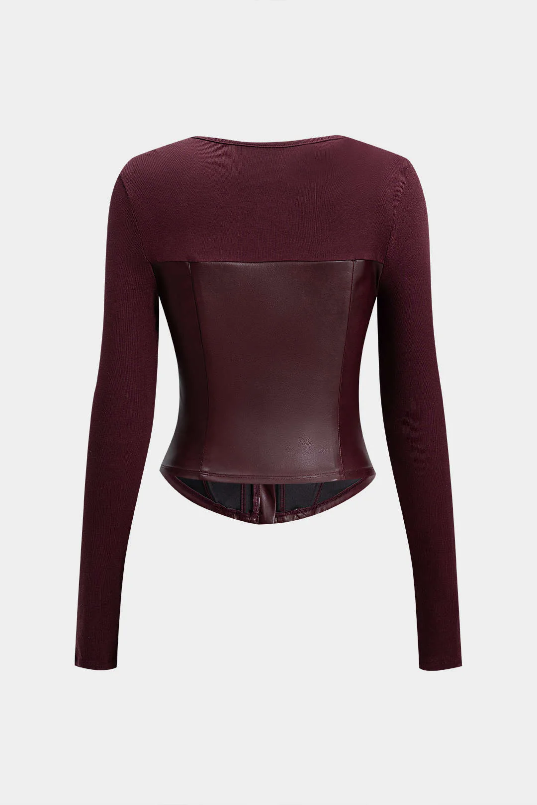 Faux Leather Zipper Patchwork Long-Sleeve Top - Weenar