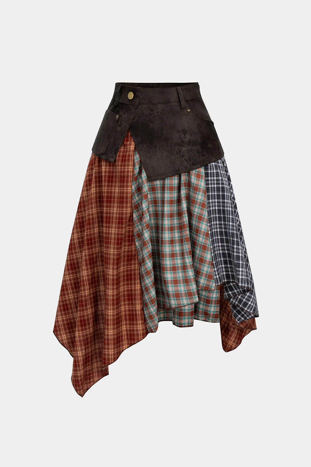 Plaid Contrast Print Faux Leather Patchwork Irregular Hem Skirt - Weenar