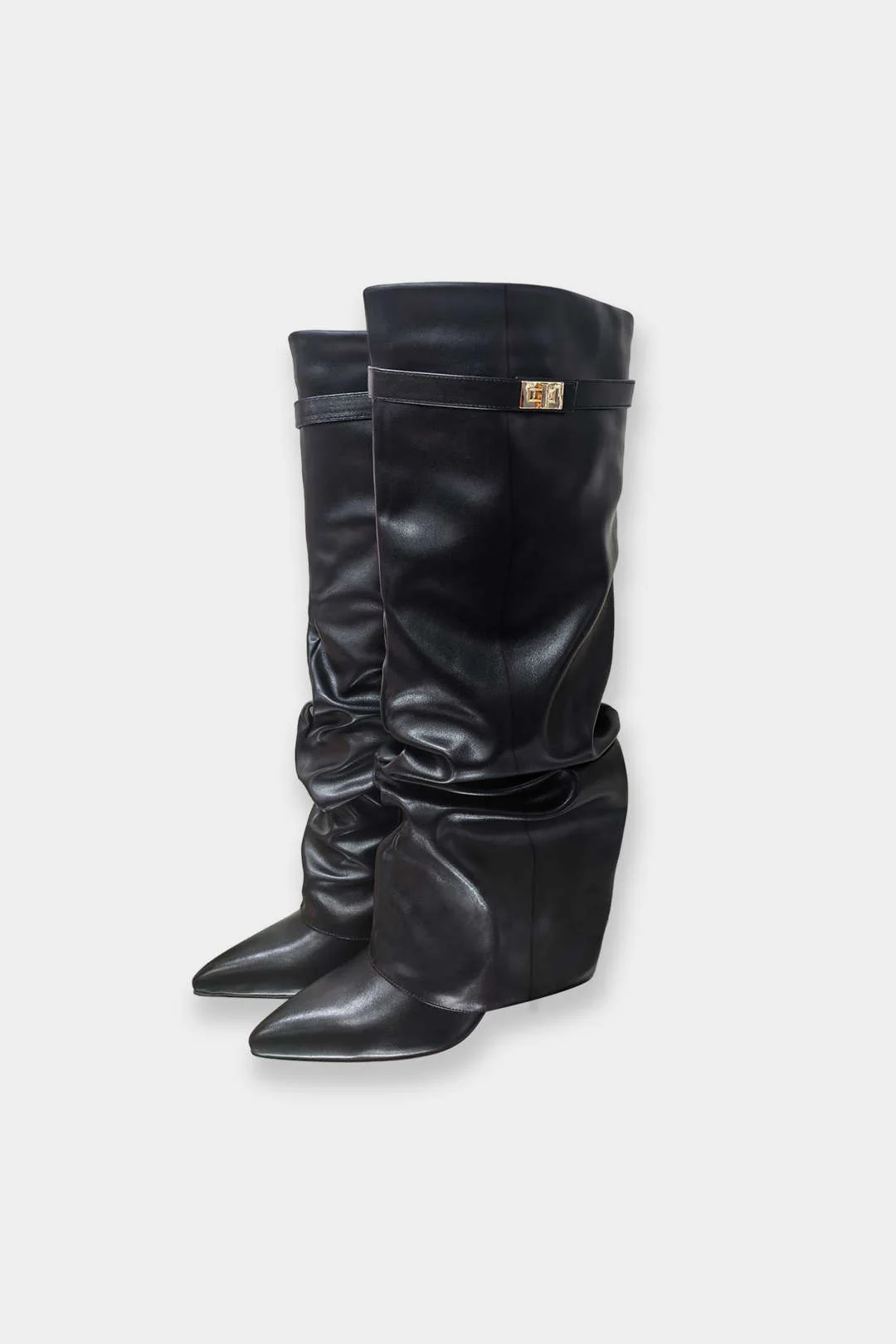 Leather Ruched Pointed Knee High Boots - Weenar