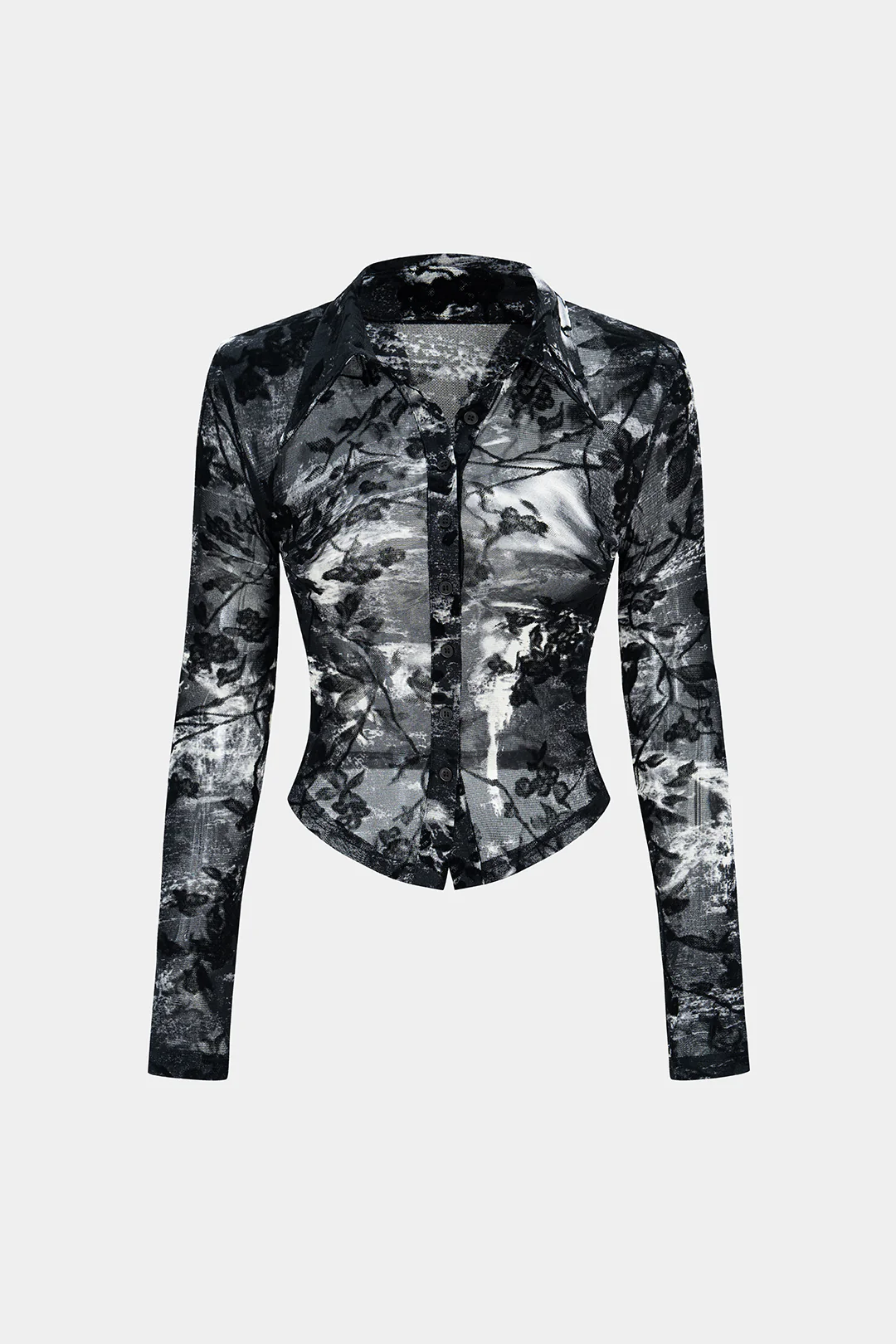 Sheer Floral Print Lapel Long Sleeve Top - Weenar