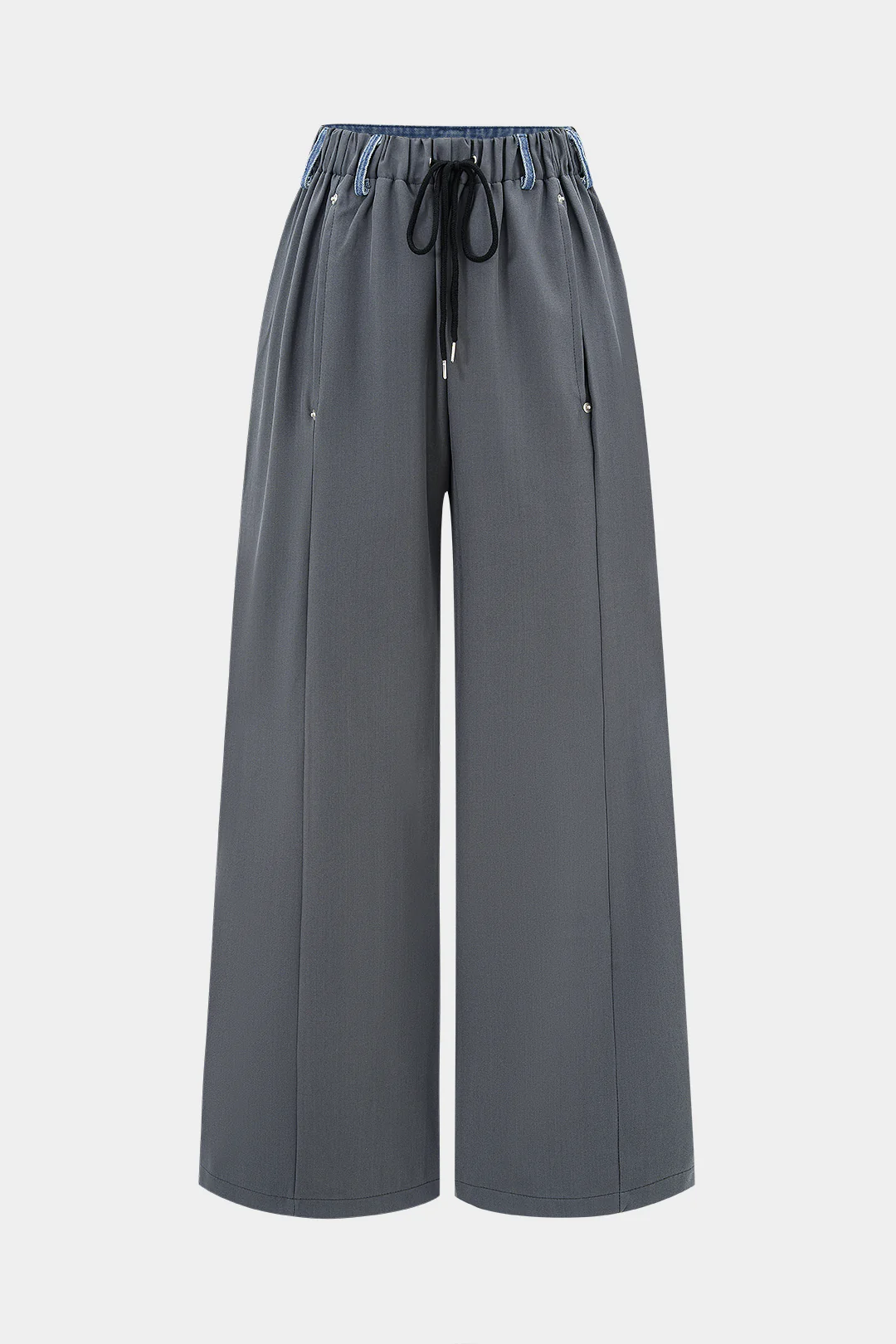 Shirred Patchwork Tie-Up Wide Leg Trousers - Weenar