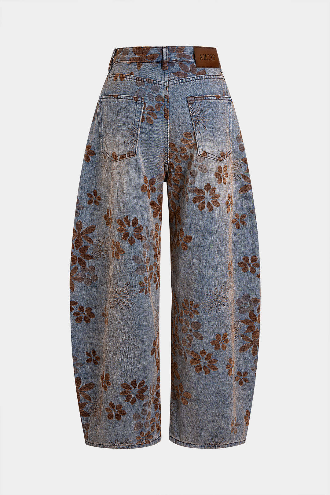 Denim Floral Print High-Waist Pocket Jeans - Weenar