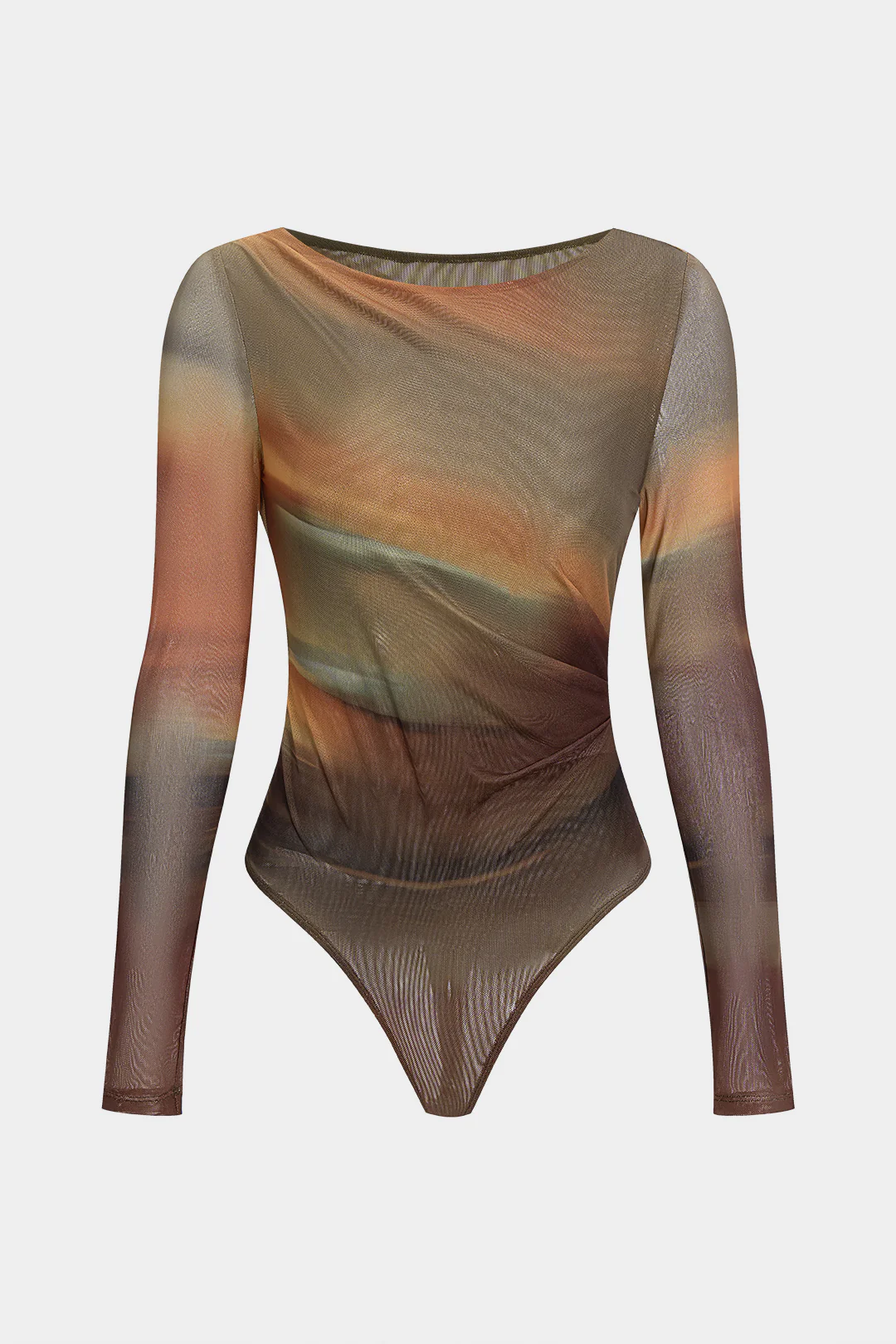 Ombre Print Mesh Ruched Boat Neck Long Sleeve Bodysuit - Weenar