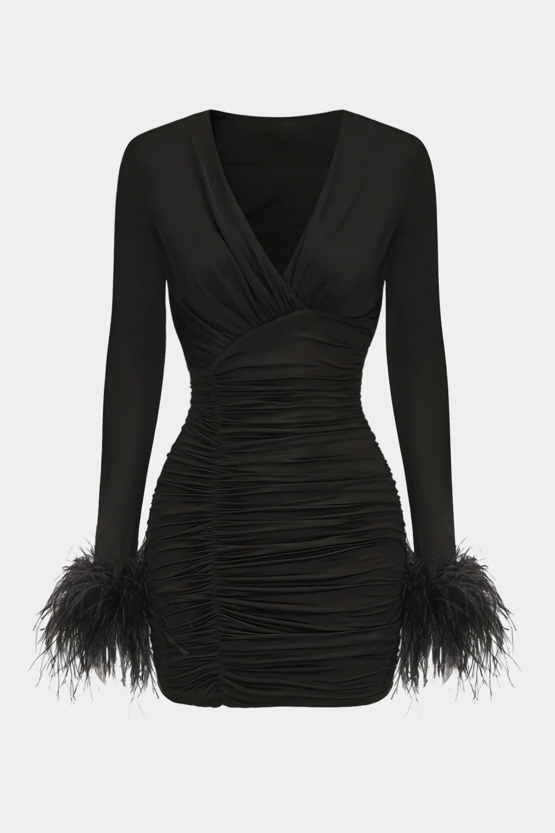 Ruched Feather Trim V-Neck Asymmetrical Long Sleeve Mini Dress - Weenar