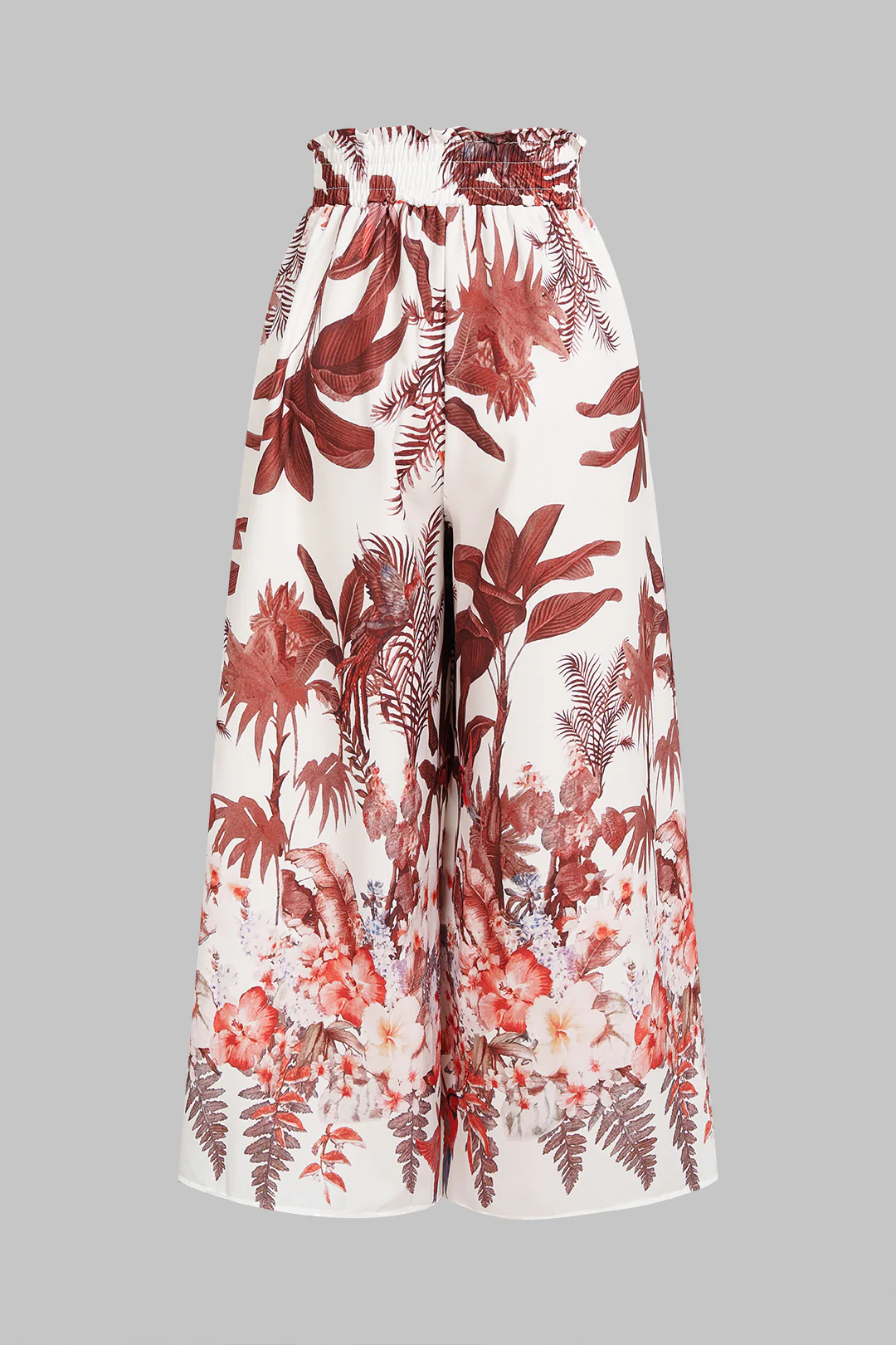 Floral Leaves Print Drawstring Pocket Wide Leg Pants - Weenar