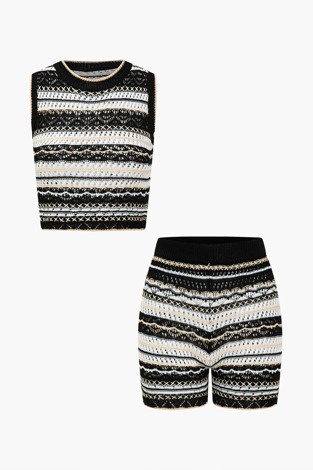 Knit Contrast Stripes Hollow Out Tank Top And Shorts Set - Weenar