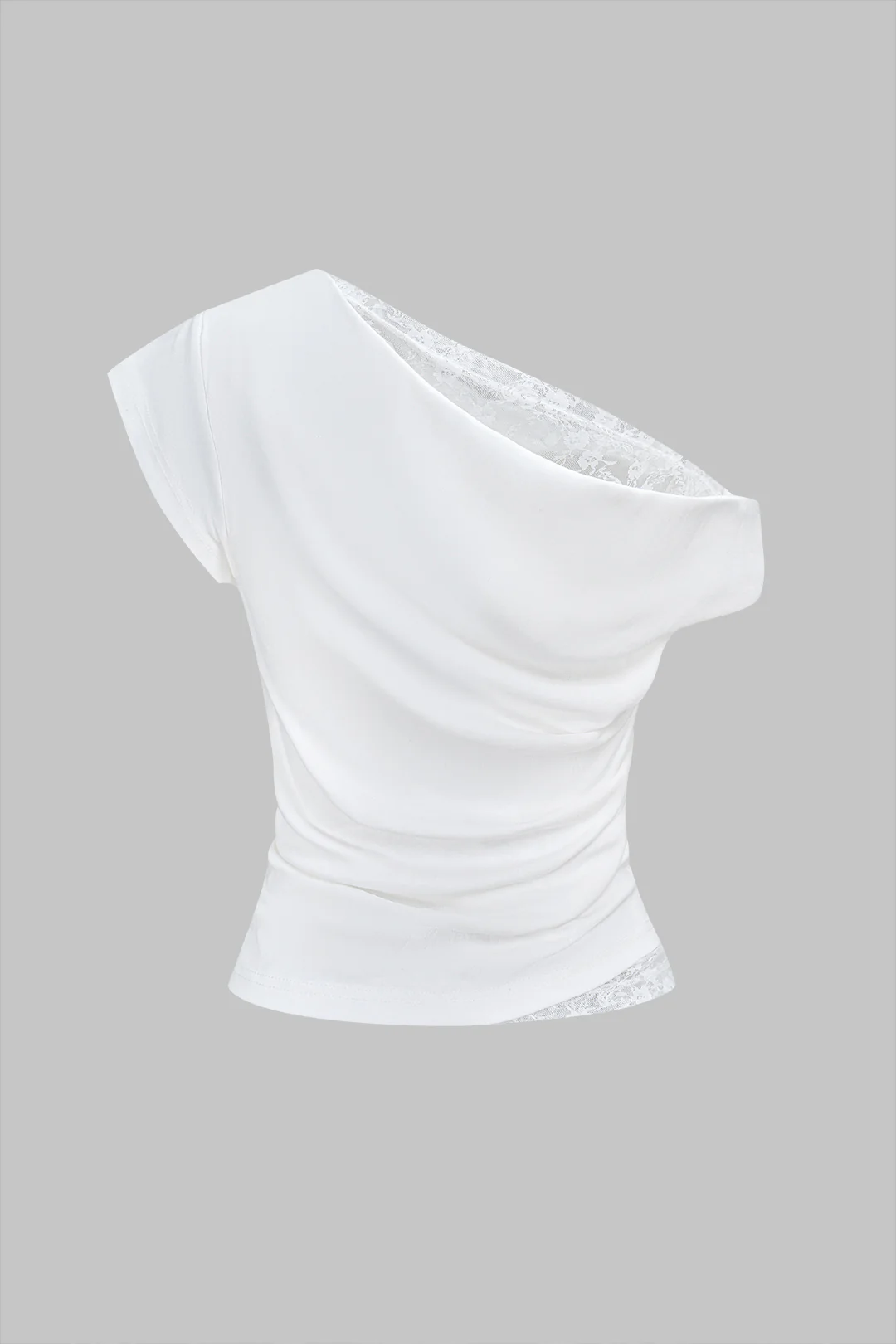 Lace Patchwork One Shoulder Ruched Short Sleeve T-Shirt - Weenar