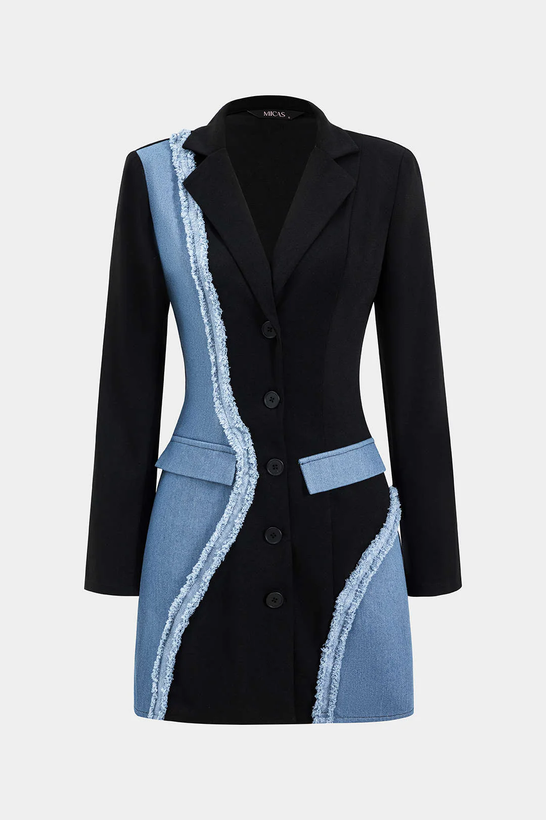 Denim Patchwork Long Sleeve Blazer Suit Mini Dress - Weenar