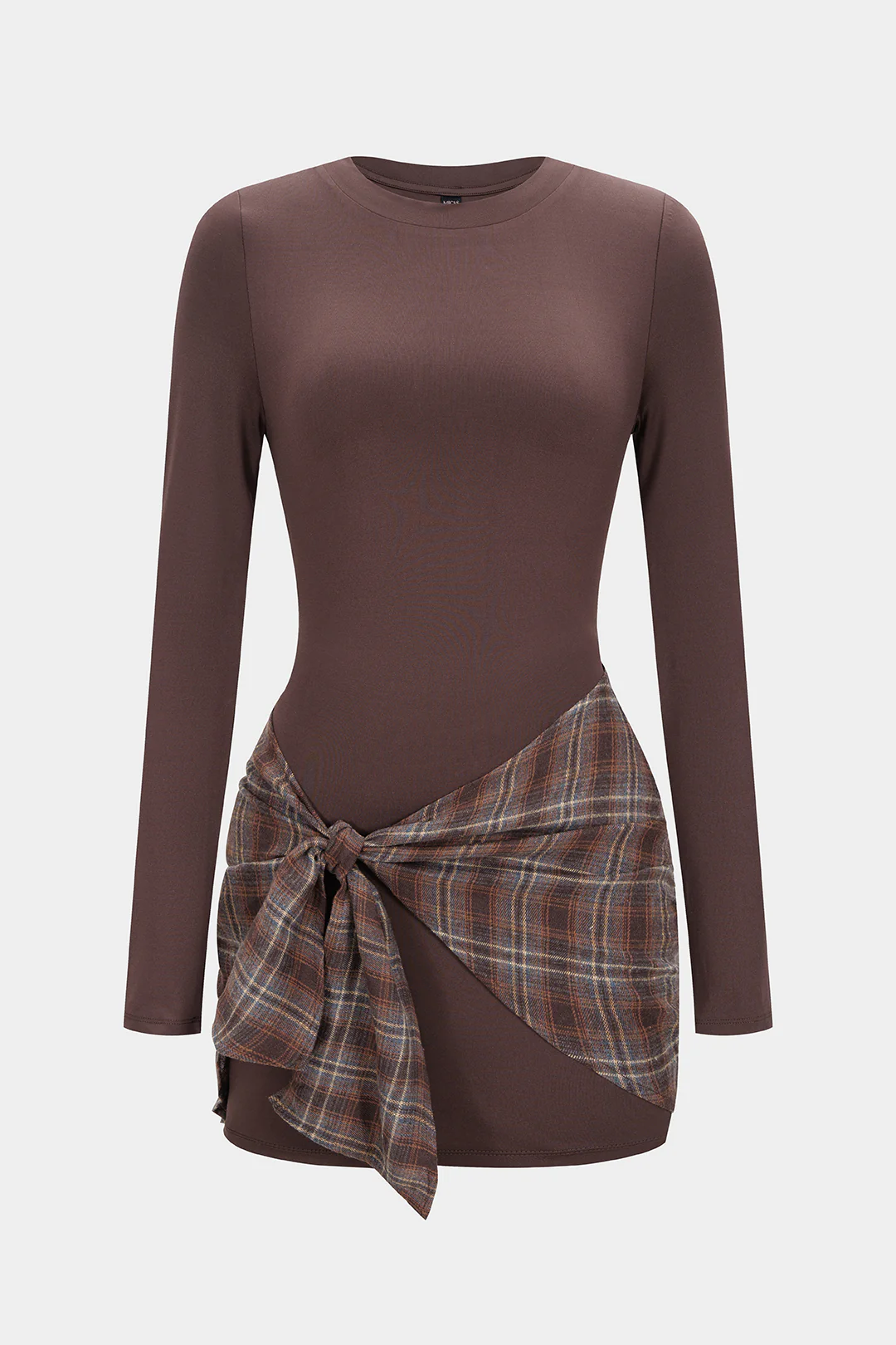 Plaid Print Patchwork Tie Front Long Sleeve Mini Dress - Weenar