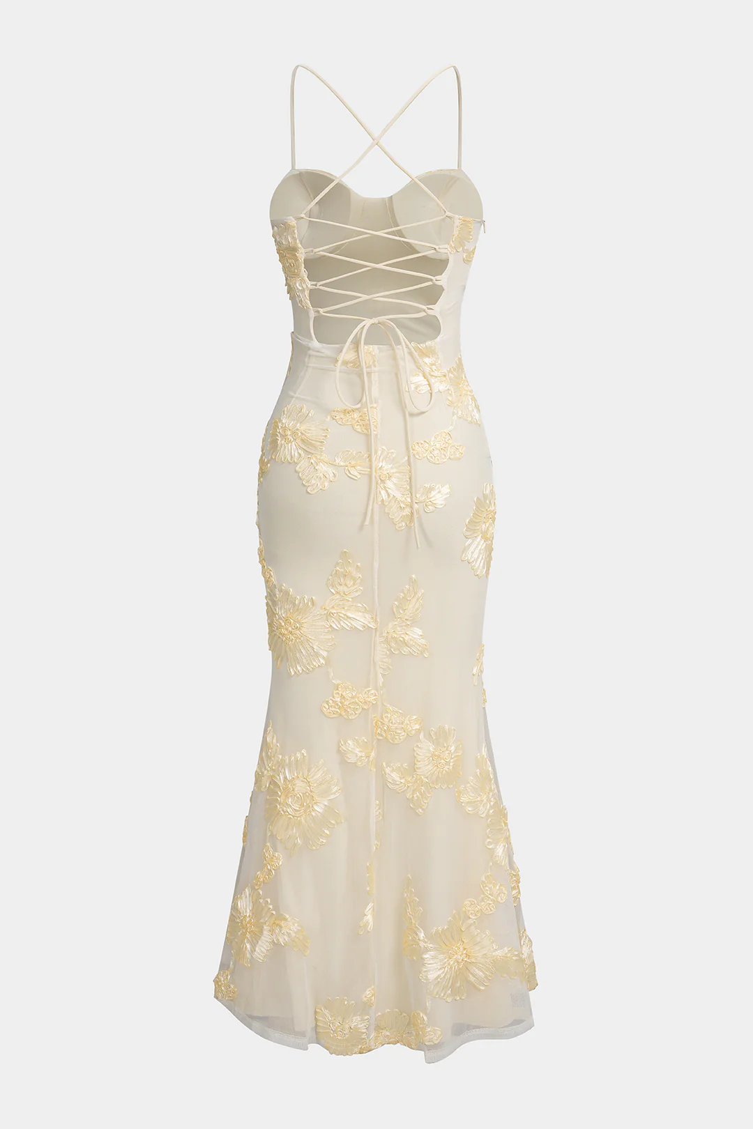 Floral Embroidery Mesh Patchwork Bustier Crossed Tie-Up Backless Sleeveless Maxi Dress - Weenar