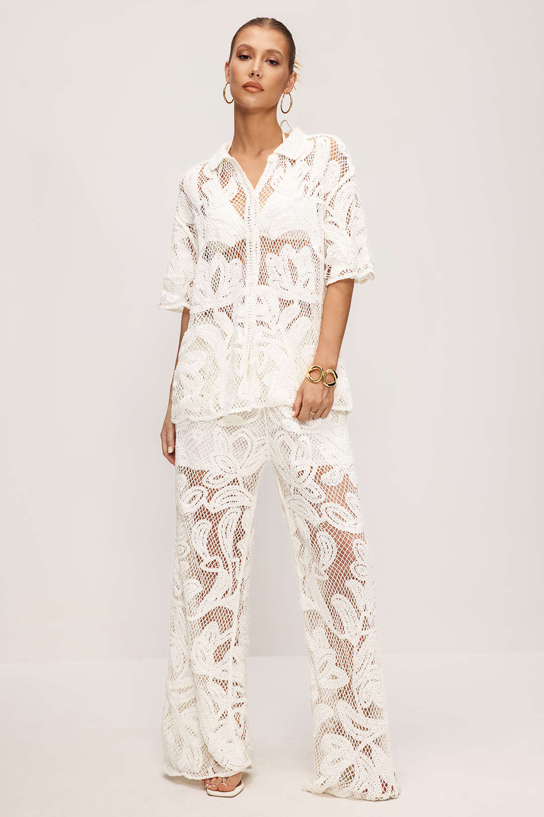 Knit Hollw Out V-Neck Short Sleeve Top And Wide Leg Pants Set - Weenar