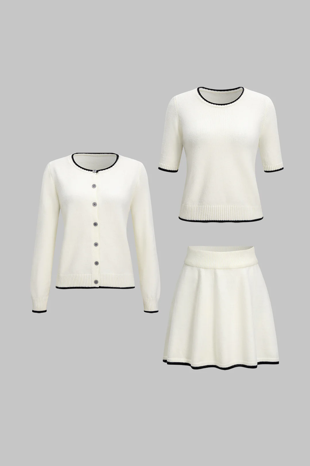 Knit 3PC Contrast Binding Round Neck Cardigan And Mini Skirt Set - Weenar