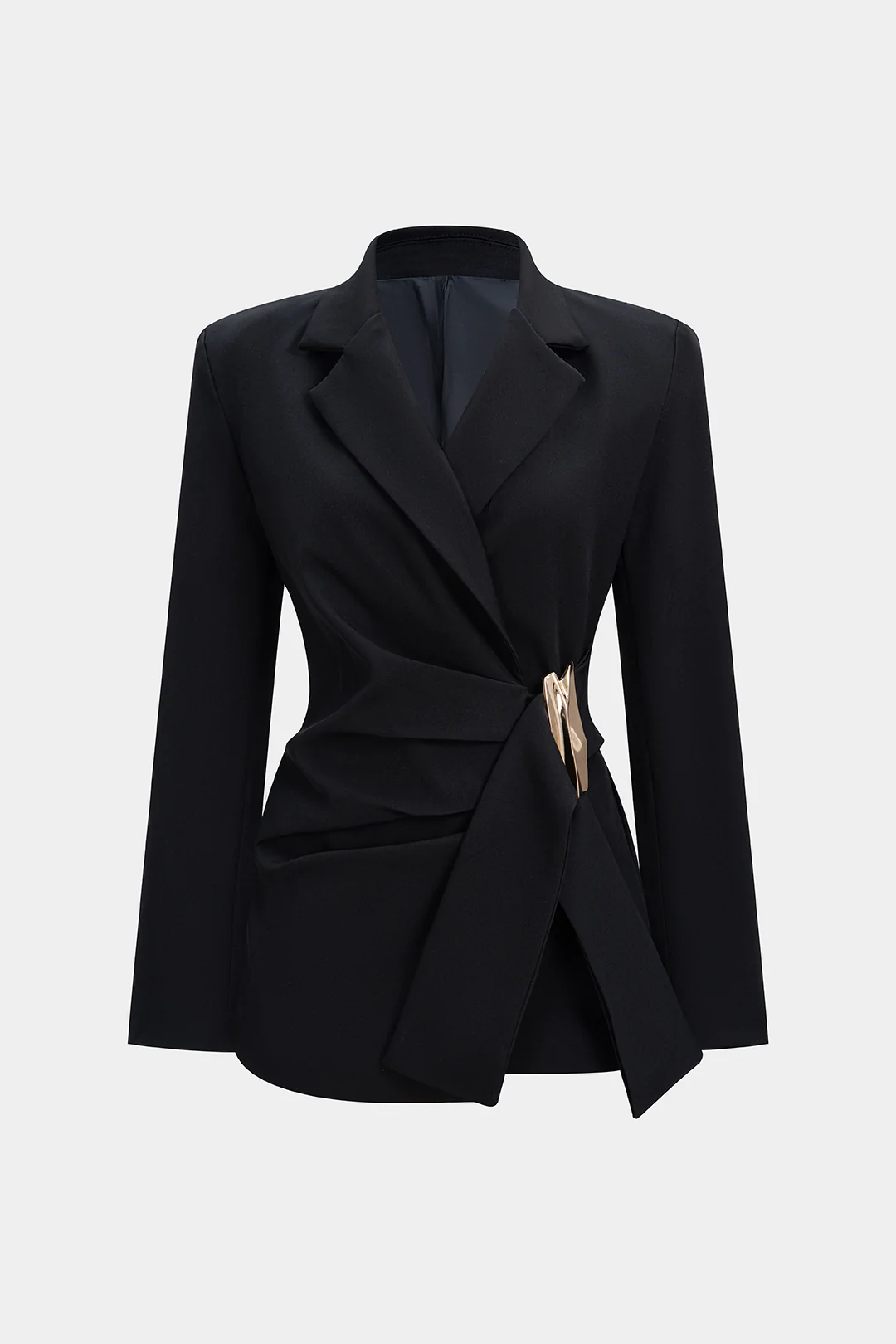 Notched Lapel Metallic Decor Ruched Asymmetrical Blazer - Weenar