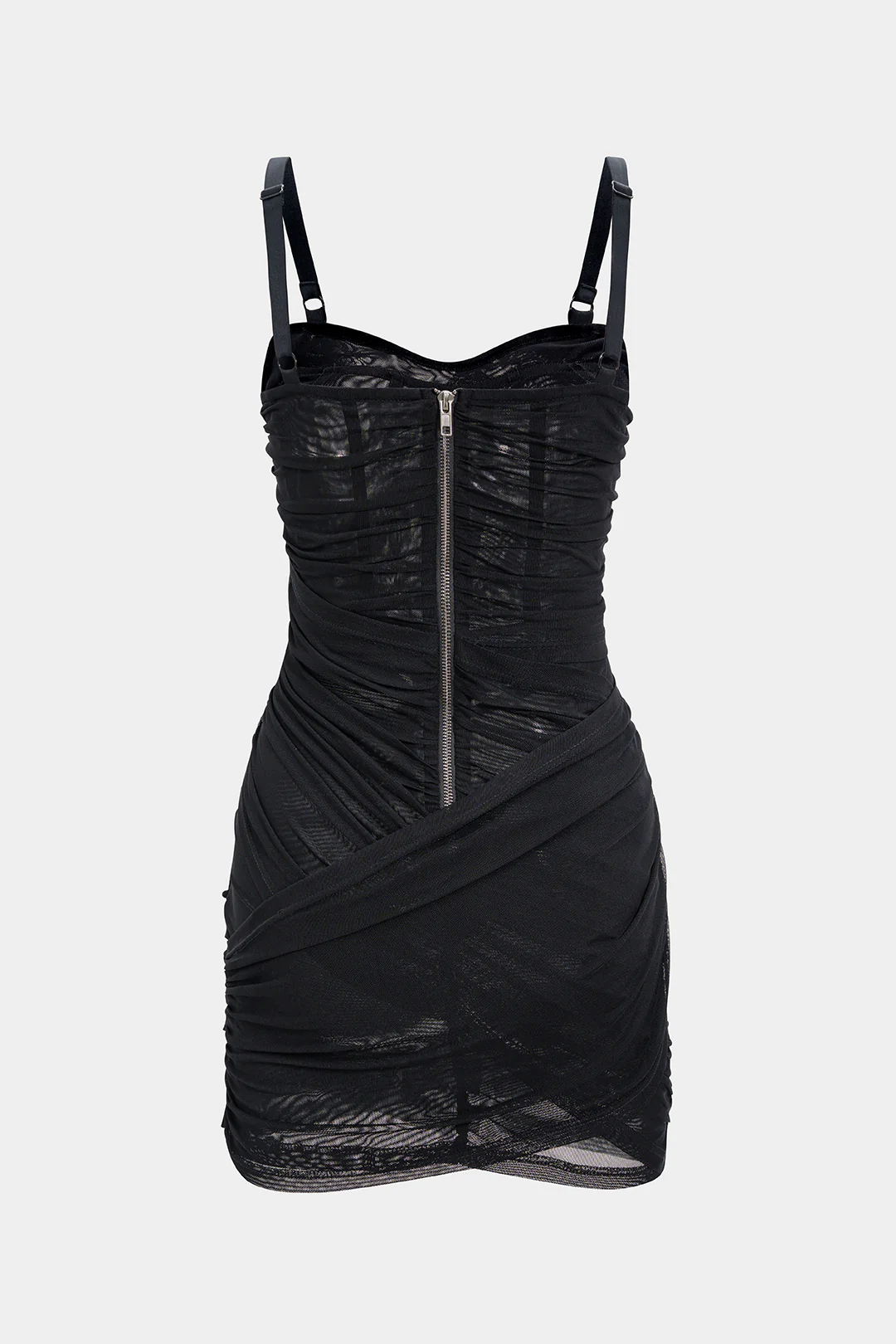 Asymmetrical Ruched Mesh Sleeveless Mini Dress - Weenar