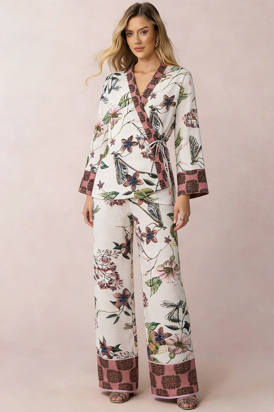 Floral Print V-Neck Tie-Up Long Sleeve Top - Weenar