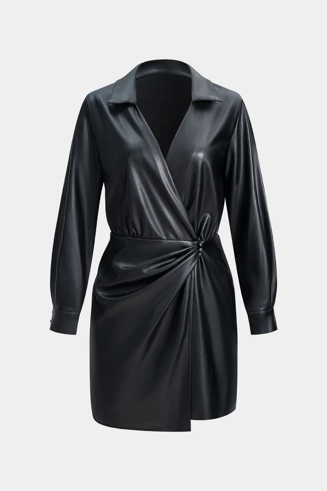 Faux Leather V-Neck Ruched Long Sleeve Mini Dress - Weenar