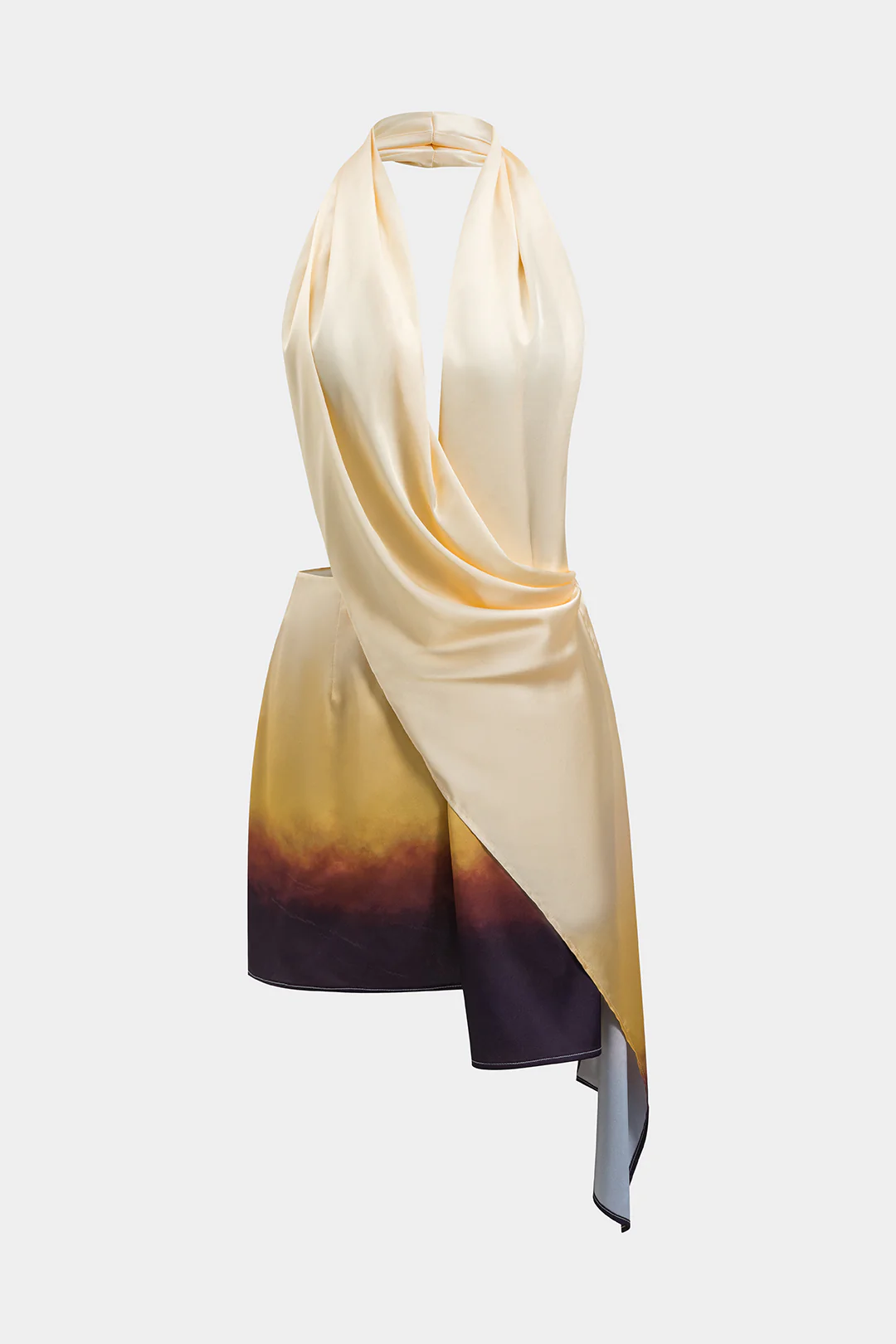 Ombre Print Satin Ruched Asymmetrical Backless Halter Two-Piece Mini Dress - Weenar