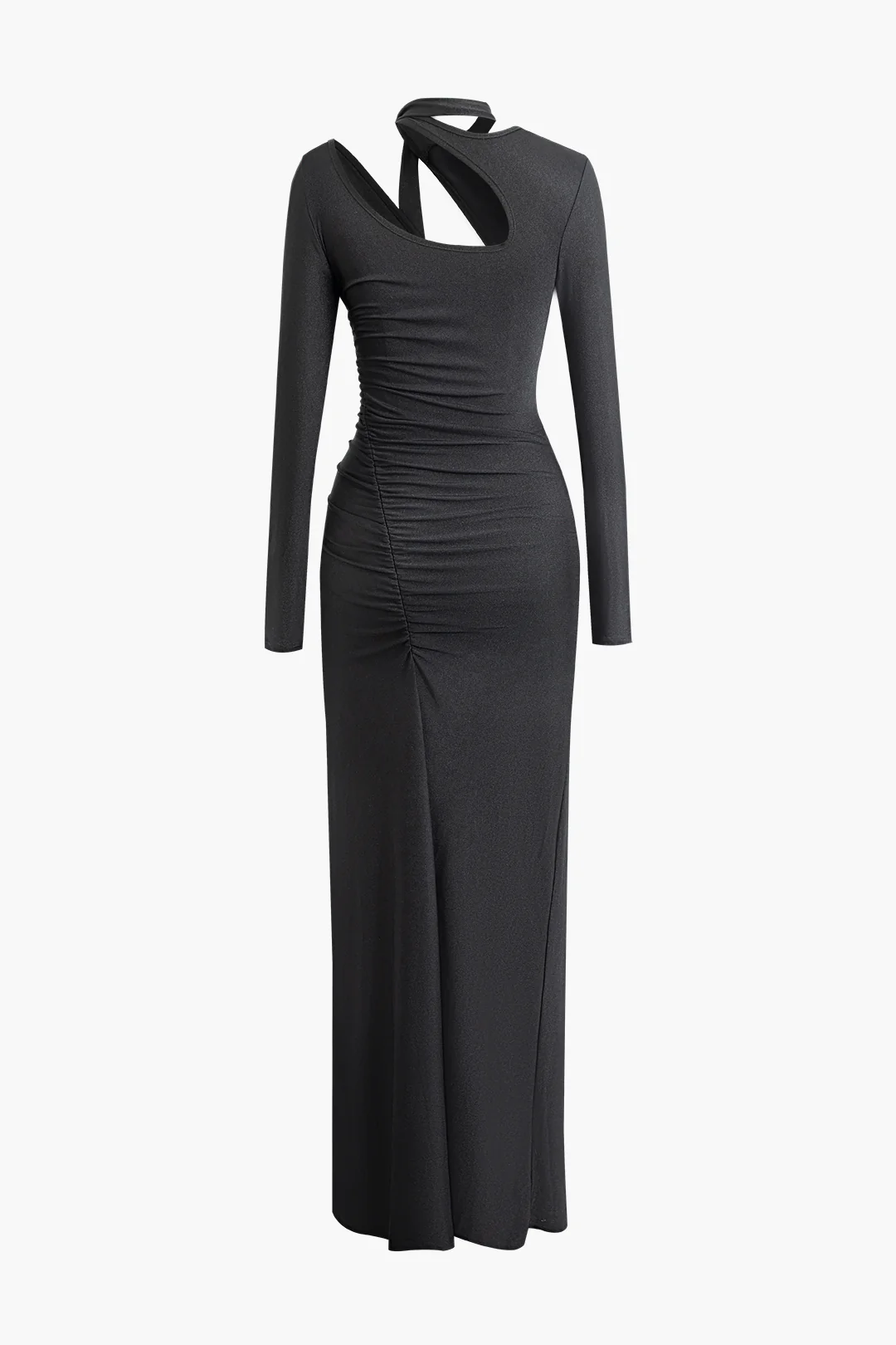 Ruched Asymmetrical Cut Out Long Sleeve Maxi Dress With Scarf - Weenar