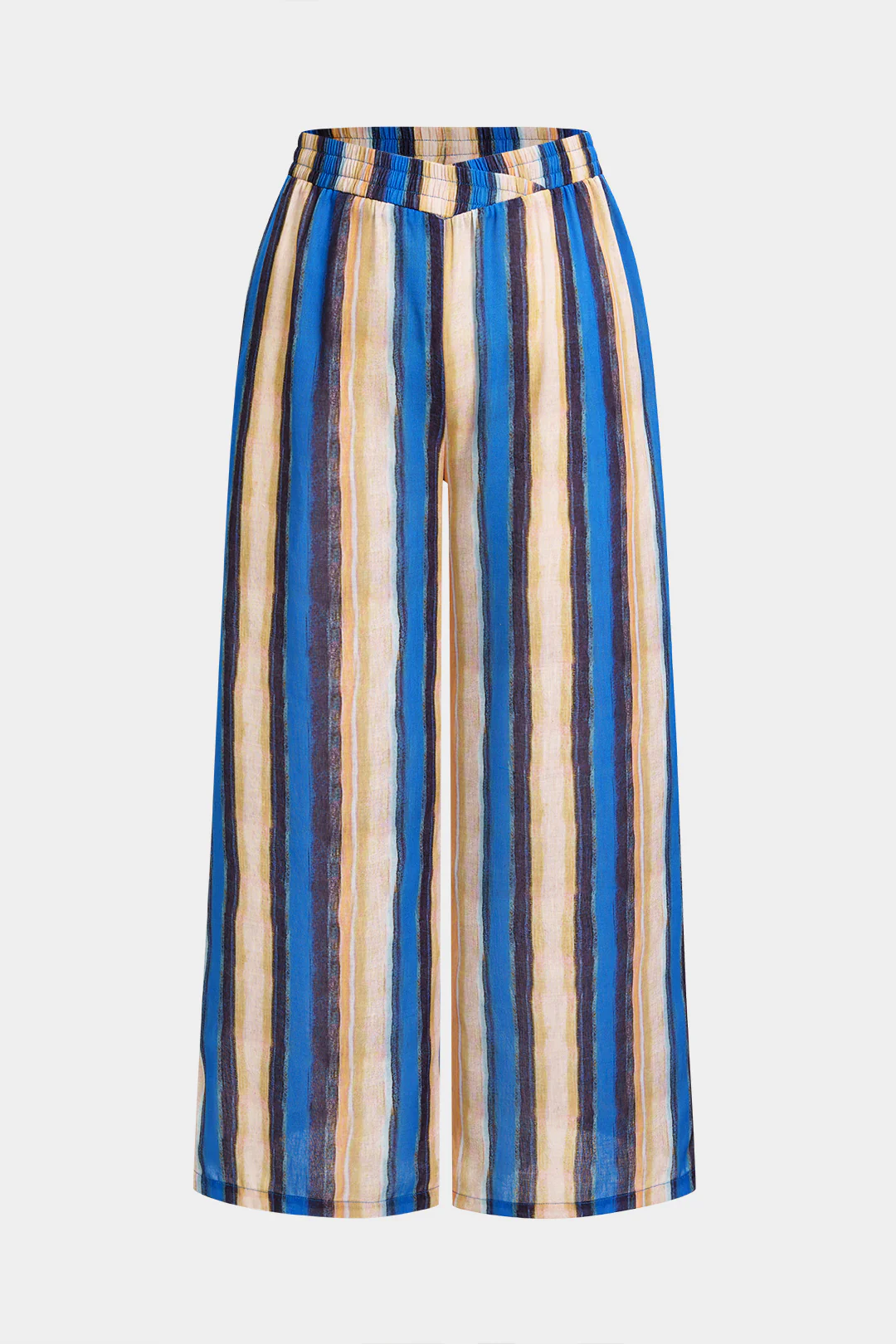 Plus Size Stripes Print Shirred Waistband Wide Leg Pants - Weenar