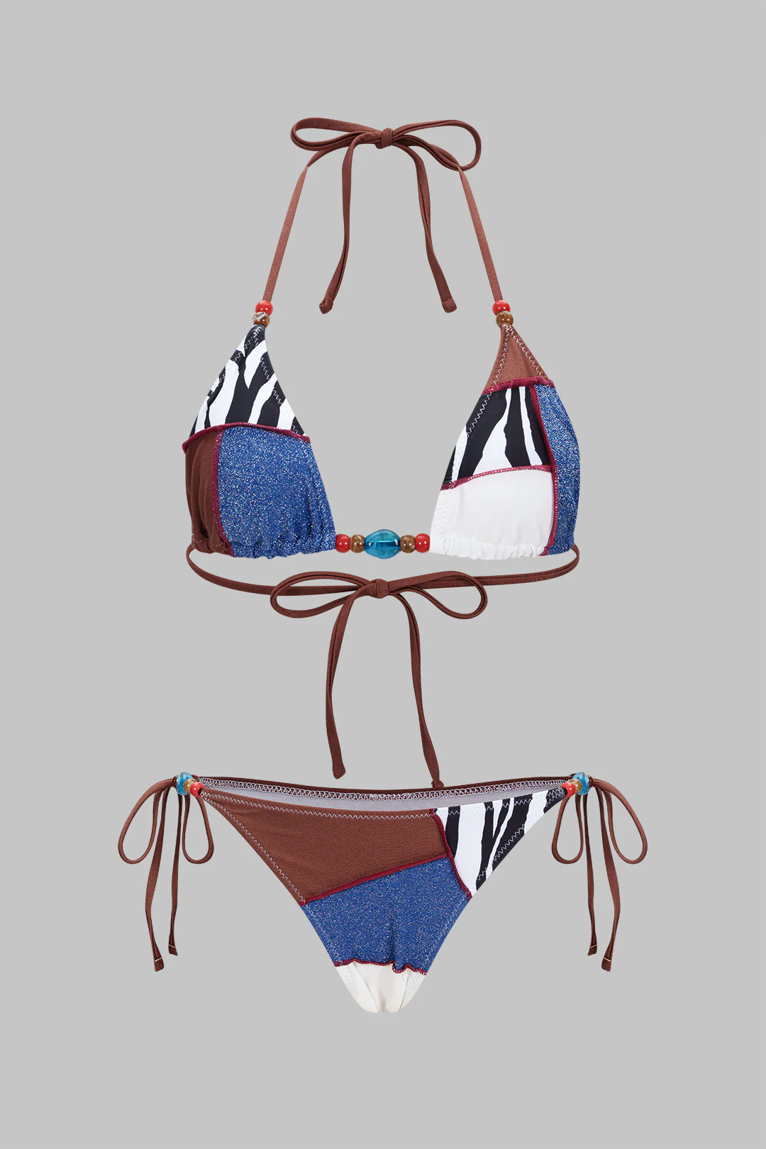 Color Block Print Textured Patchwork Halter Tie-Up Bikini Set - Weenar