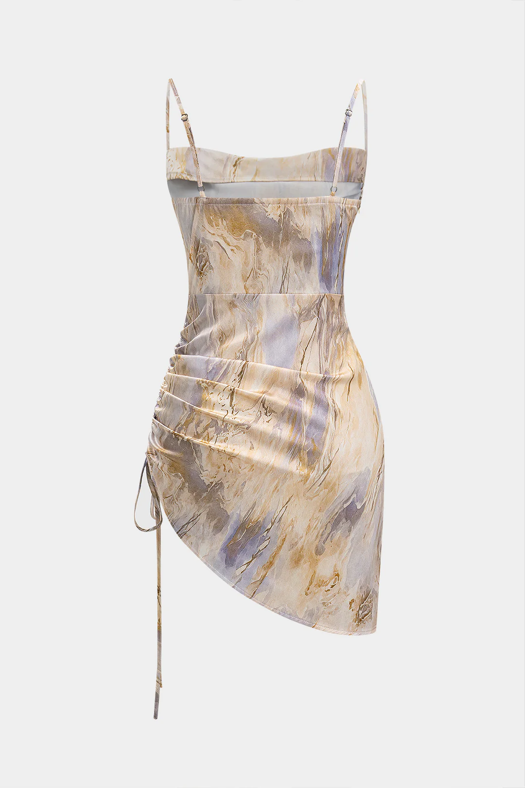 Marble Print Satin Ruched Drawstring Asymmetrical Sleeveless Mini Dress - Weenar