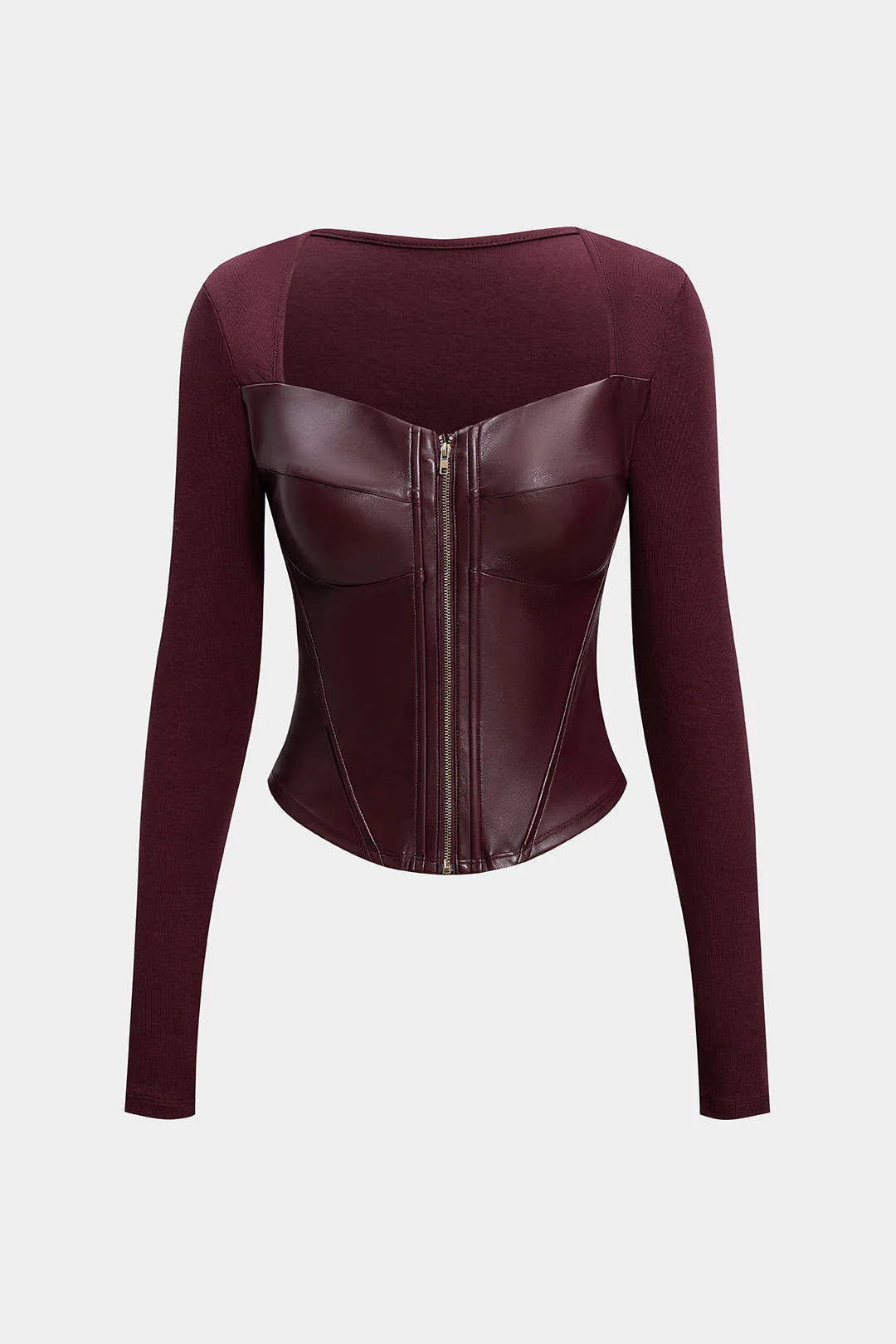 Faux Leather Zipper Patchwork Long-Sleeve Top - Weenar