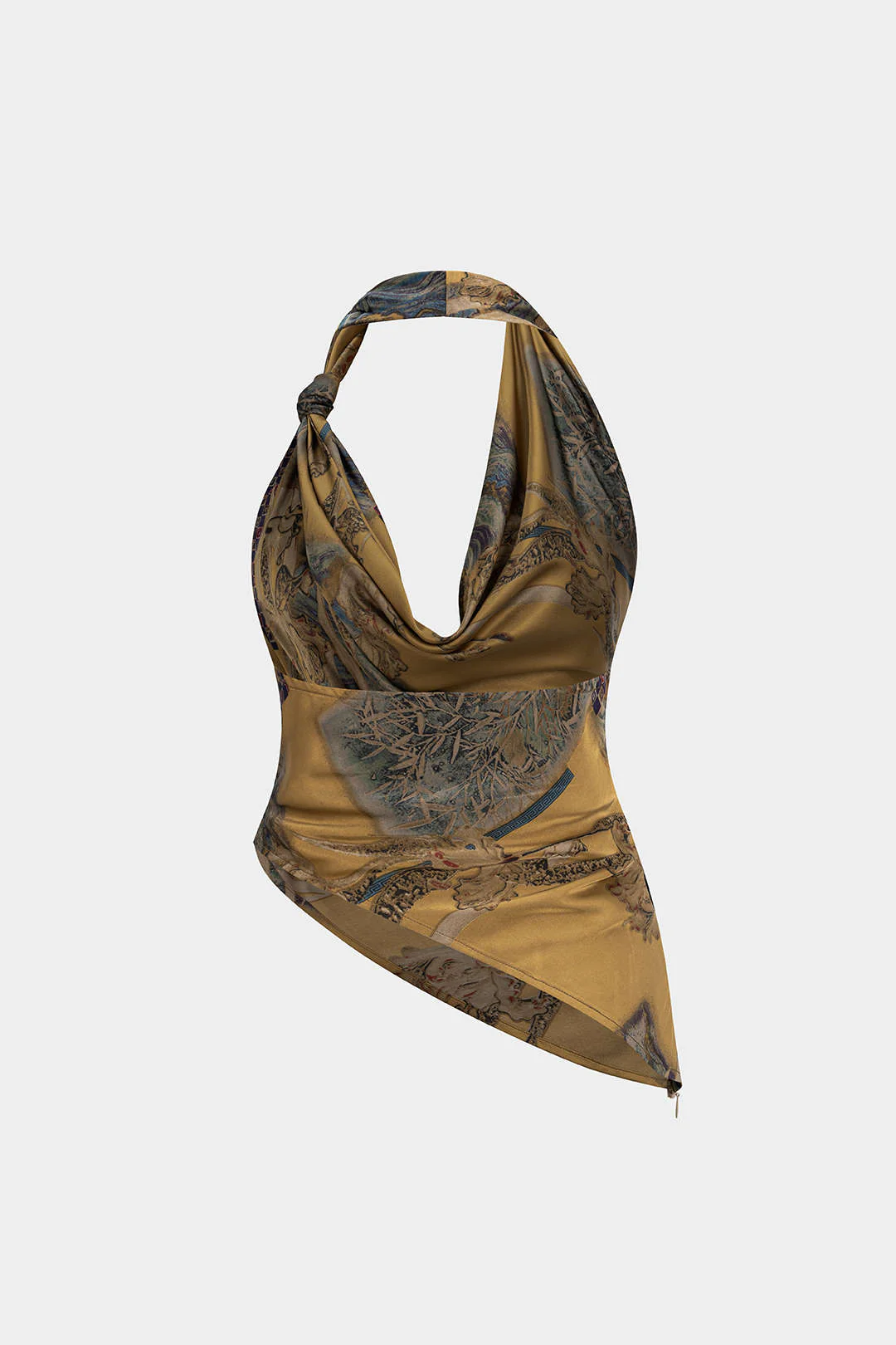 Retro Print Satin Halter Neck Draped Cowl Neck Cami Top - Weenar