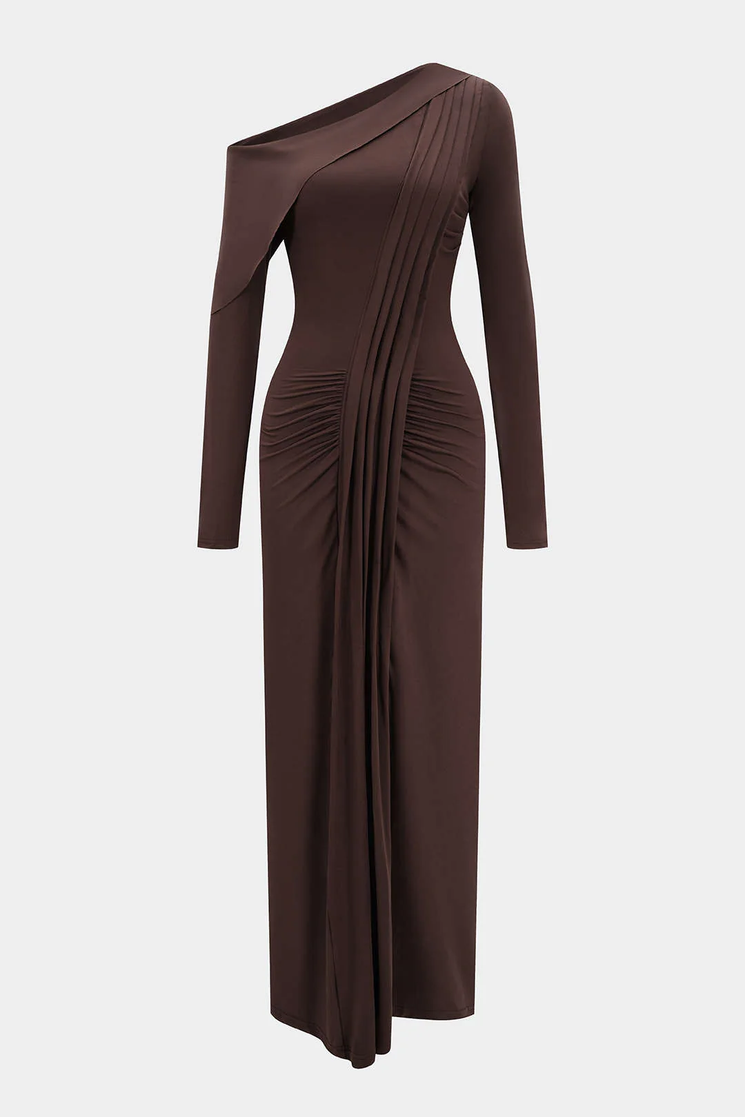 Asymmetrical Neck Ruched Long-Sleeve Maxi Dress - Weenar