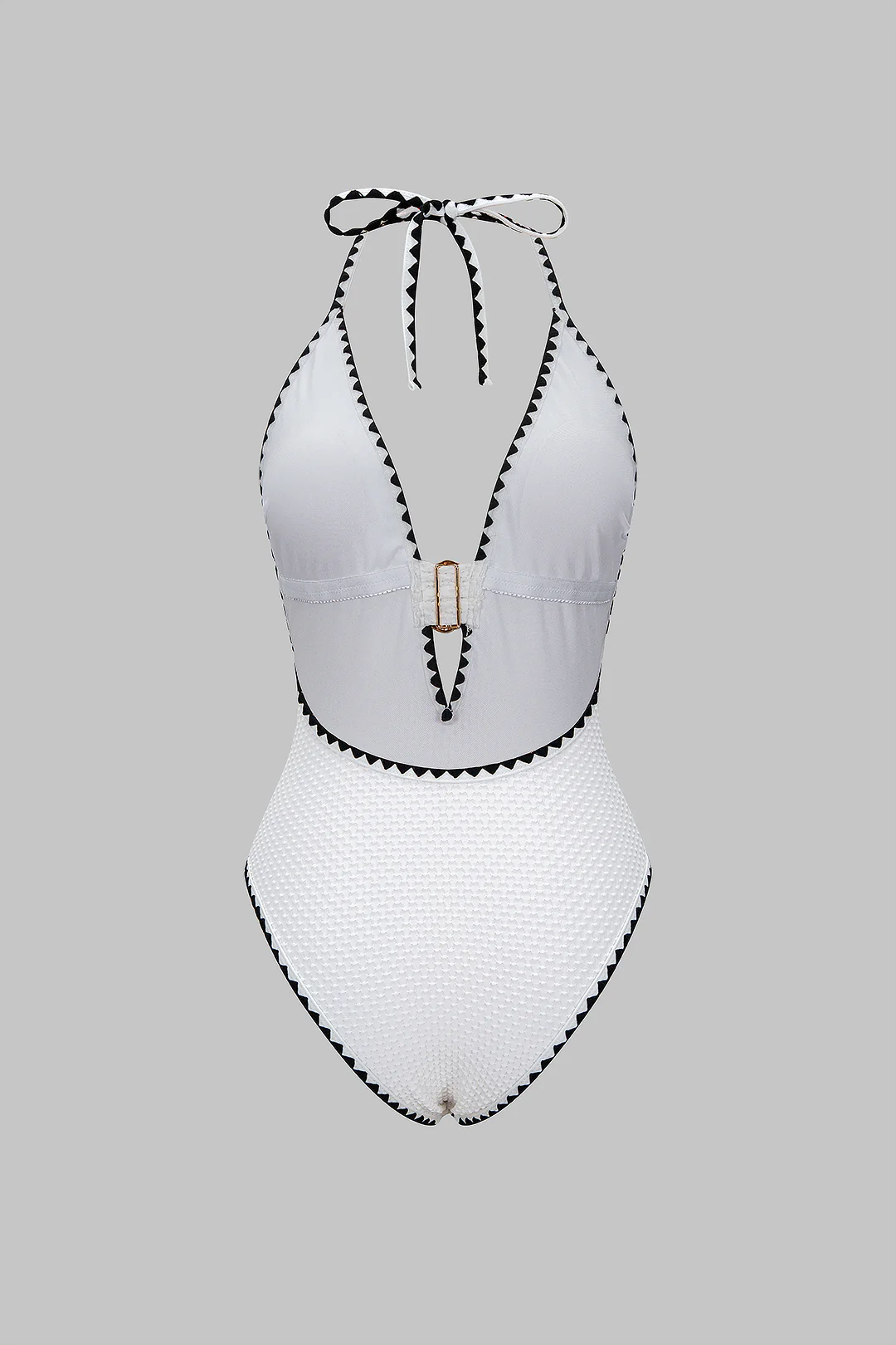Metallic Decor Halter Neck Tie-Back One-Piece Swimsuit - Weenar